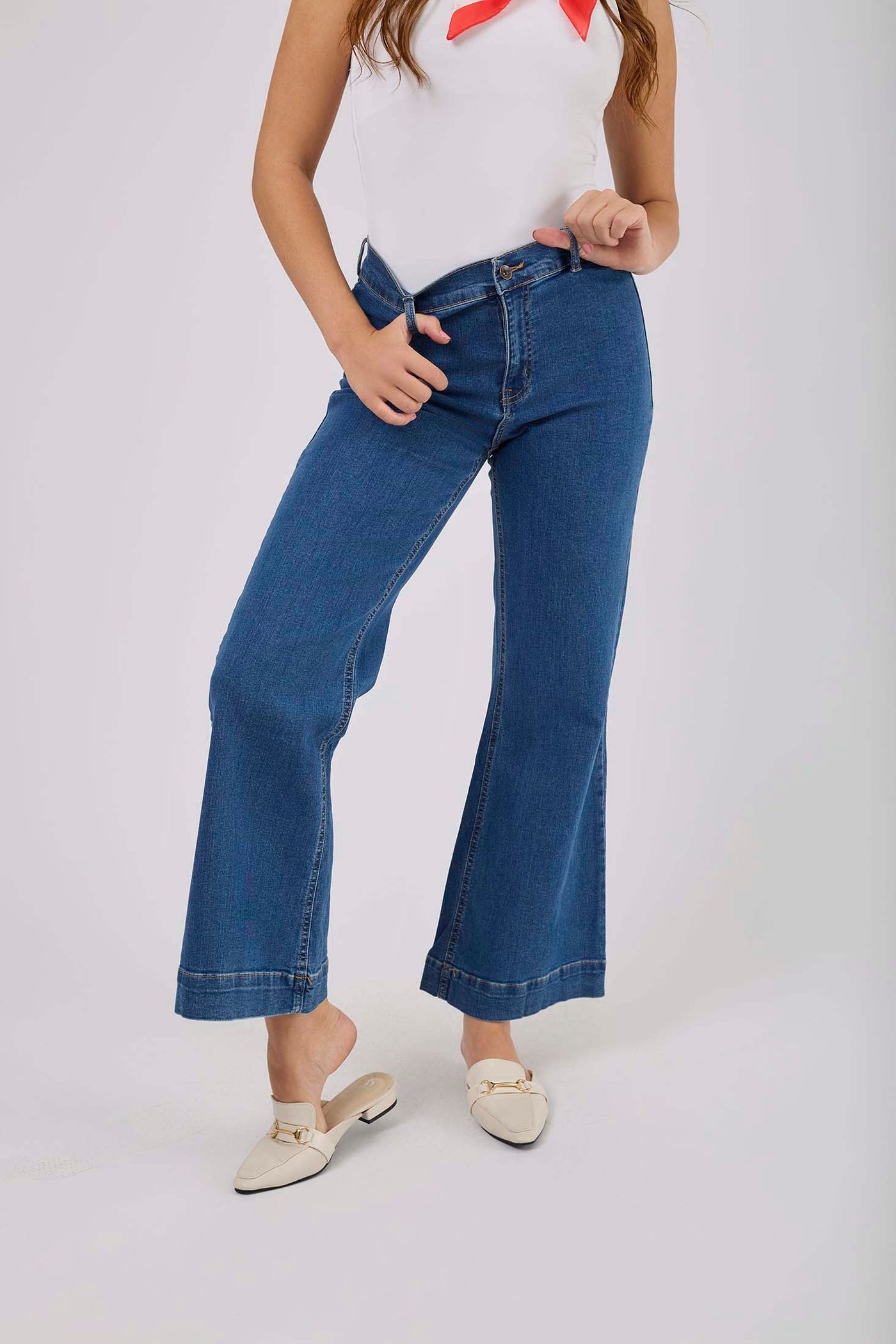 Women Wide Leg Flare Denim - Vintage Blue