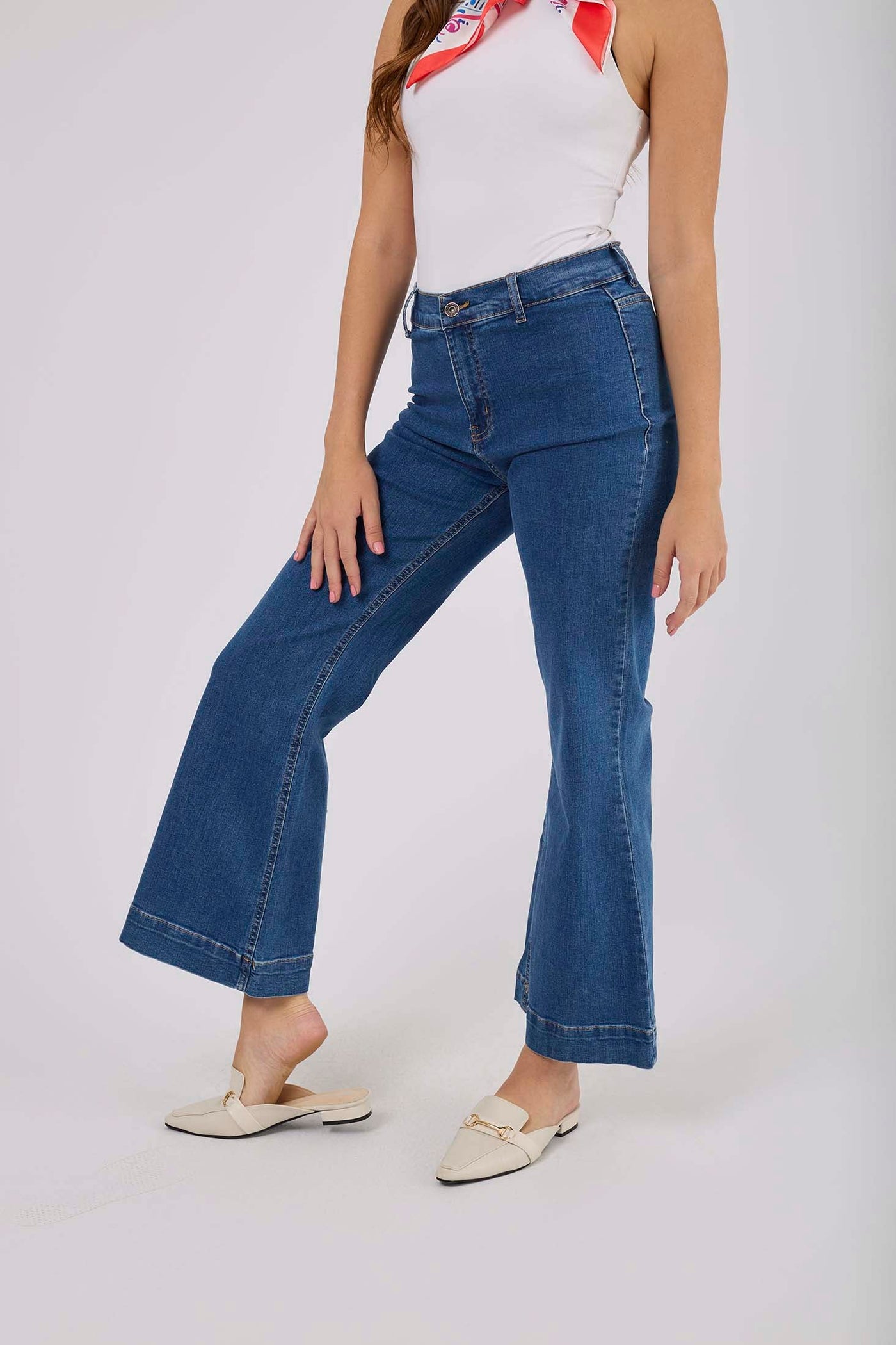 Women Wide Leg Flare Denim - Vintage Blue