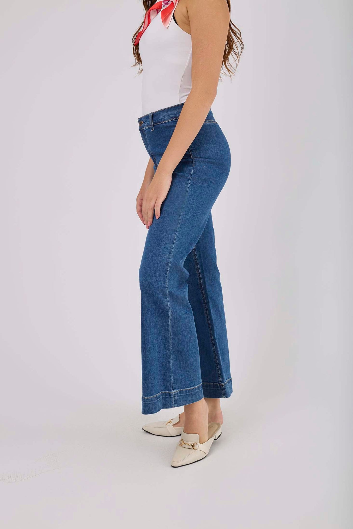 Women Wide Leg Flare Denim - Vintage Blue