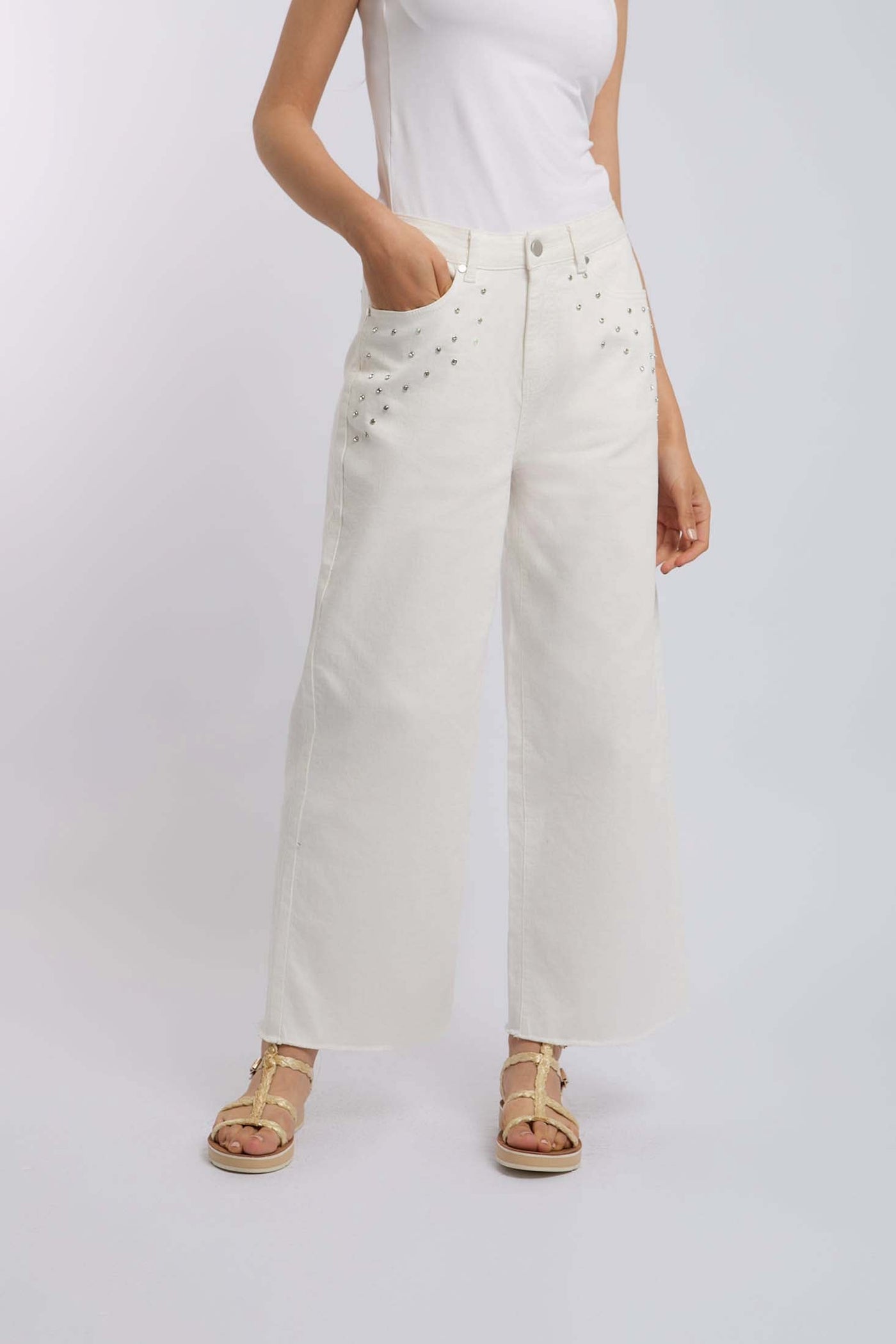 Women Wide Leg with Studs Denim - Off White