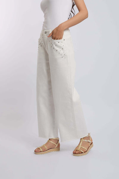 Women Wide Leg with Studs Denim - Off White