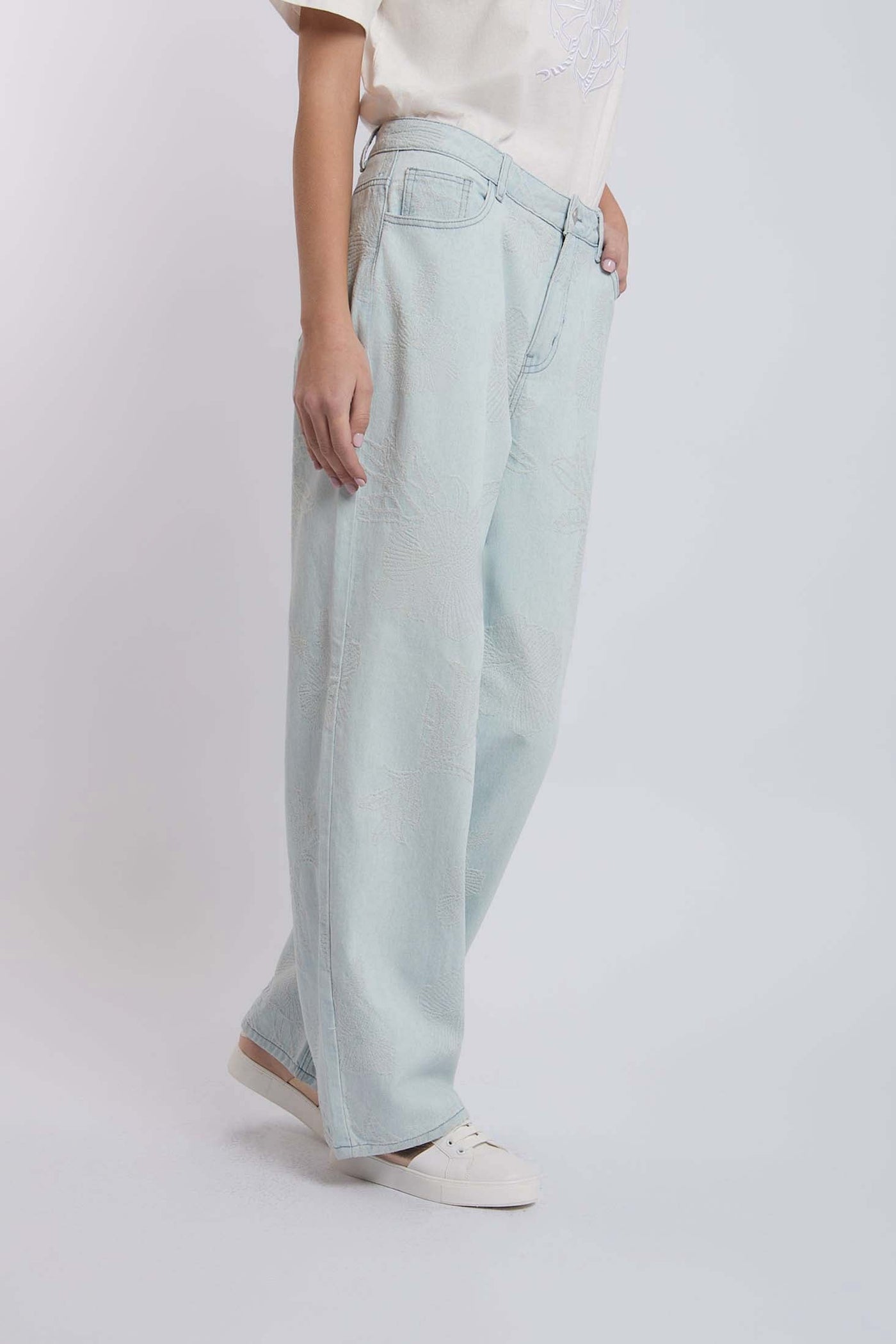 Women Wide Leg Embroidered Denim - Sky Wash