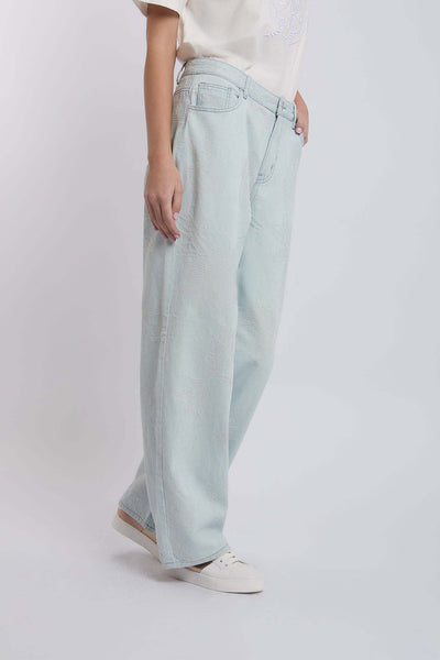 Women Wide Leg Embroidered Denim - Sky Wash