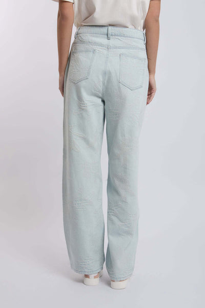 Women Wide Leg Embroidered Denim - Sky Wash