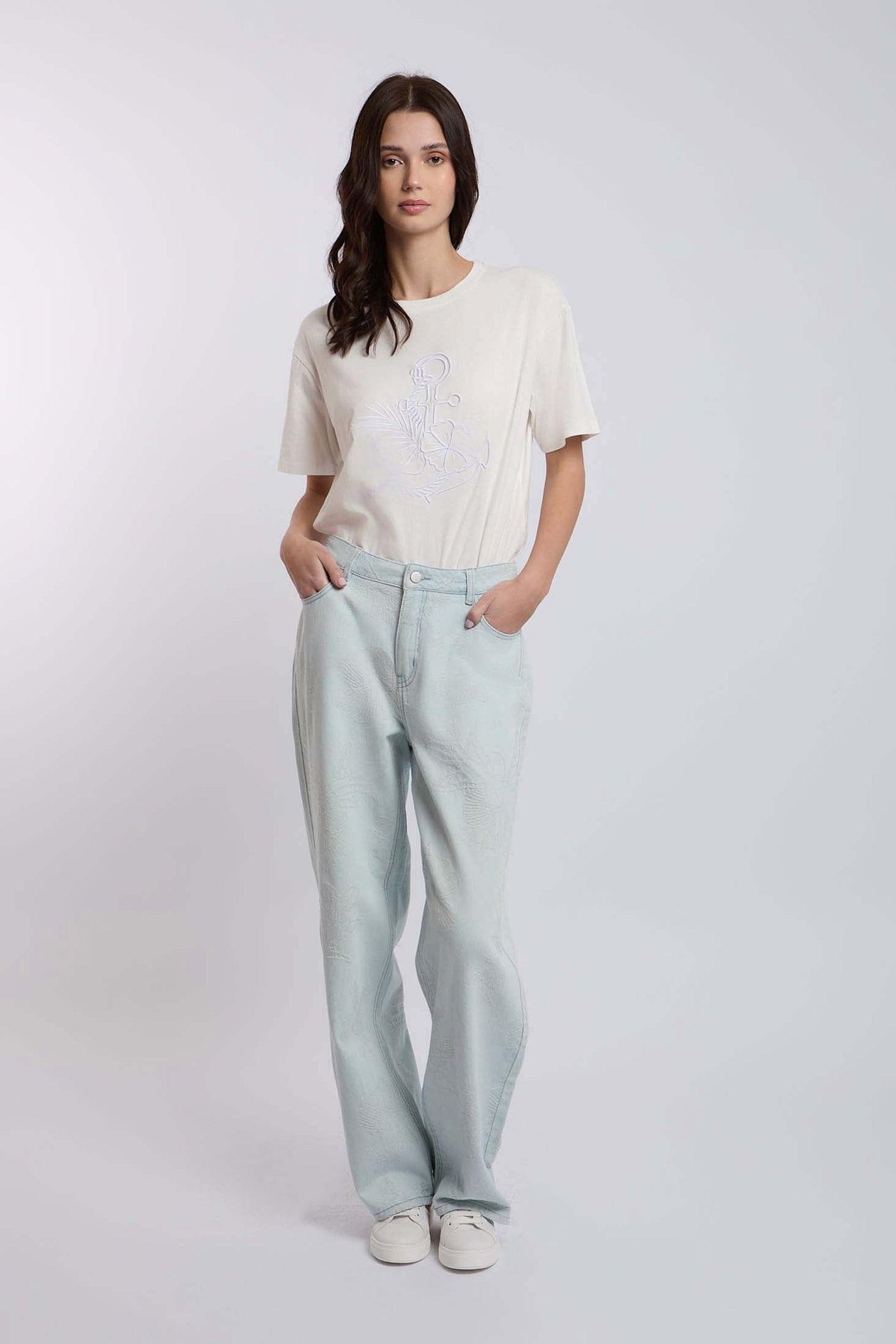 Women Wide Leg Embroidered Denim - Sky Wash