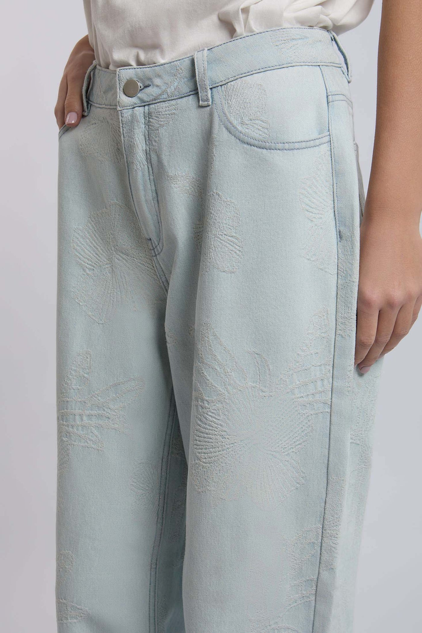 Women Wide Leg Embroidered Denim - Sky Wash