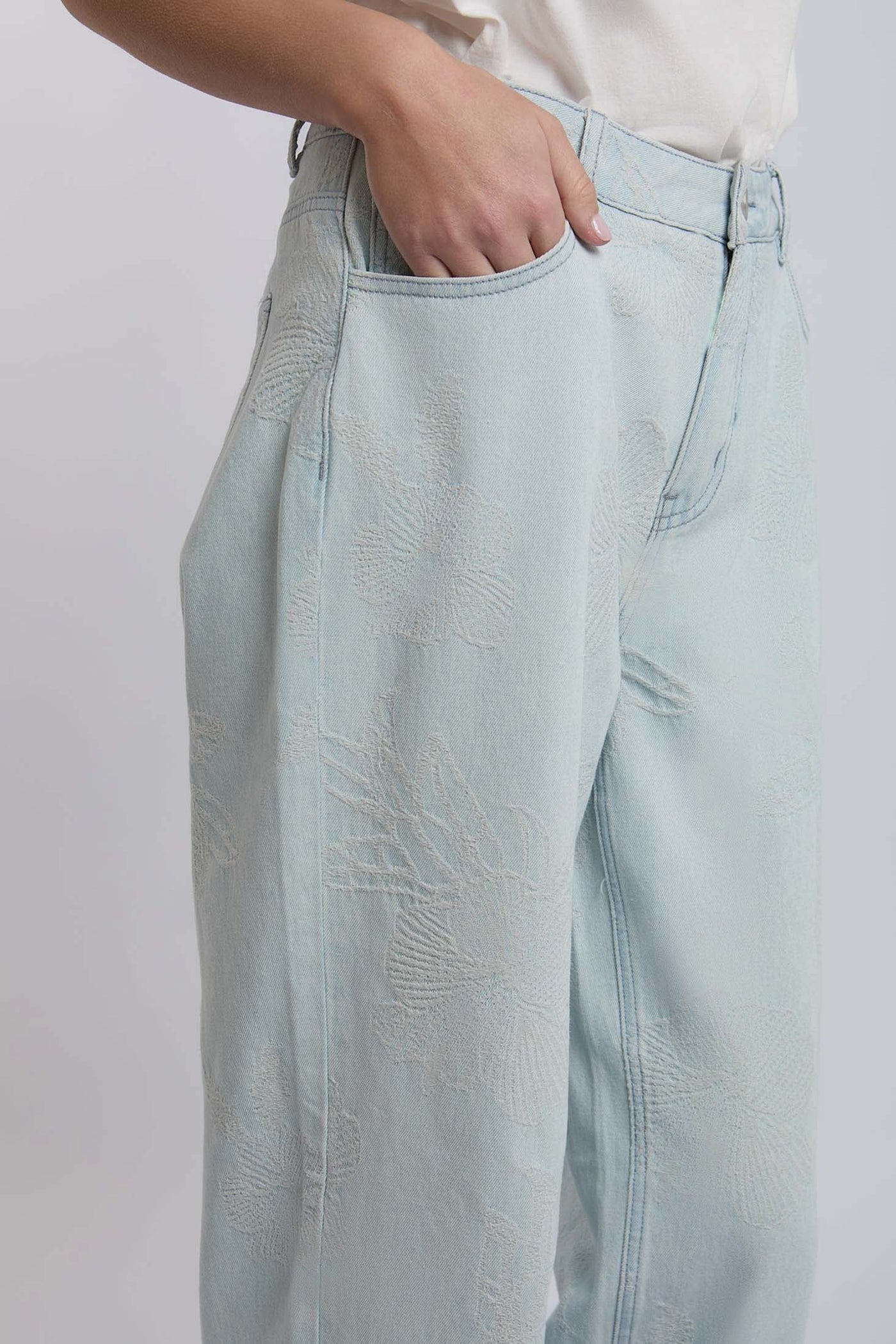 Women Wide Leg Embroidered Denim - Sky Wash