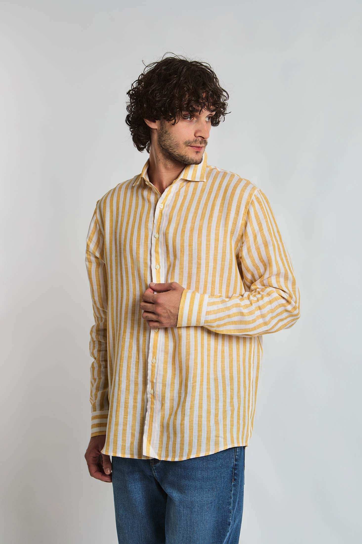 Dalydress men's yellow and white striped long sleeve shirt, casual fashion, studio background