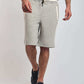 Man wearing Dalydress grey drawstring shorts and striped t-shirt, casual men's fashion