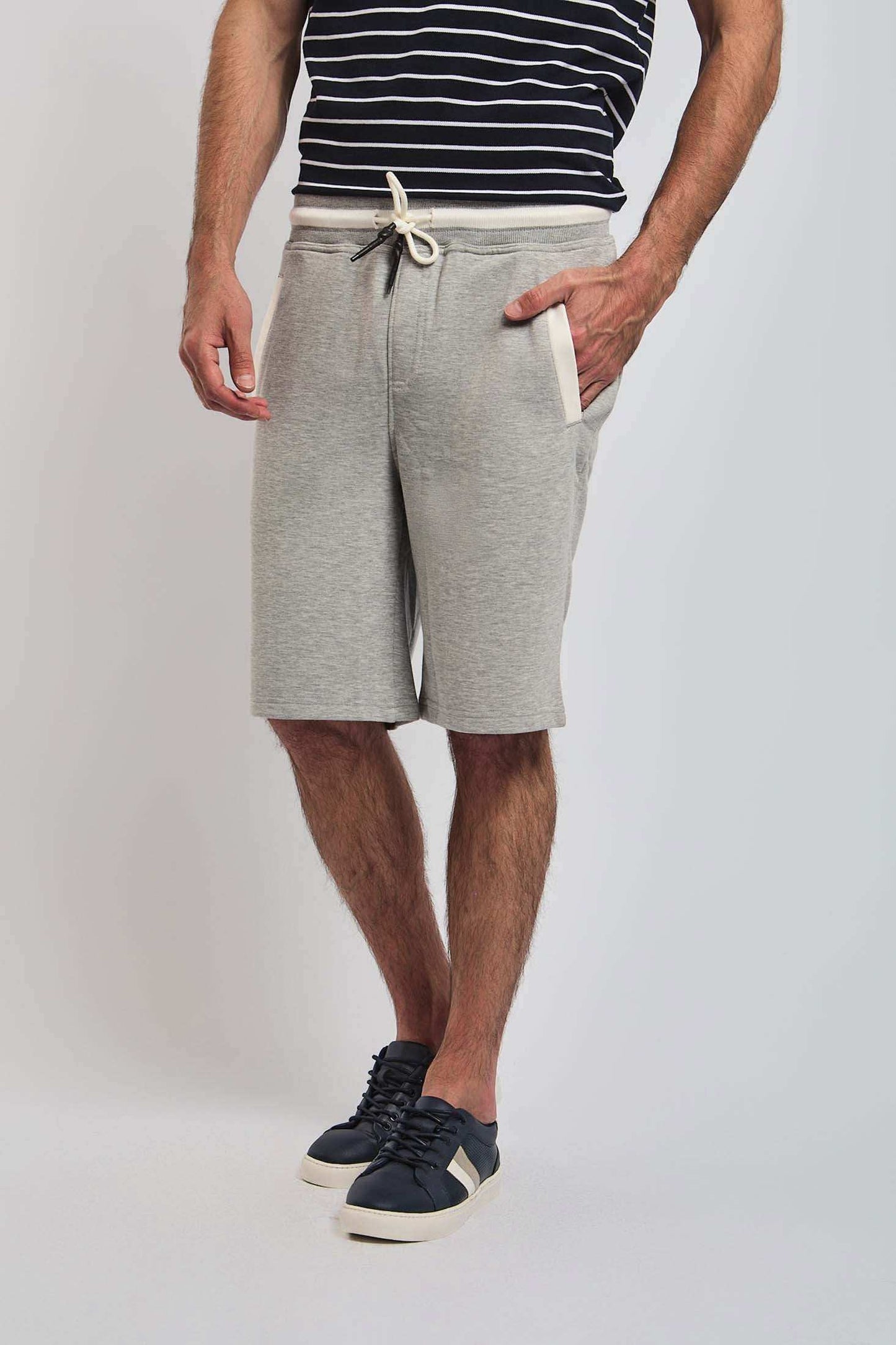 Dalydress men's casual grey shorts with drawstring waist, styled with striped shirt