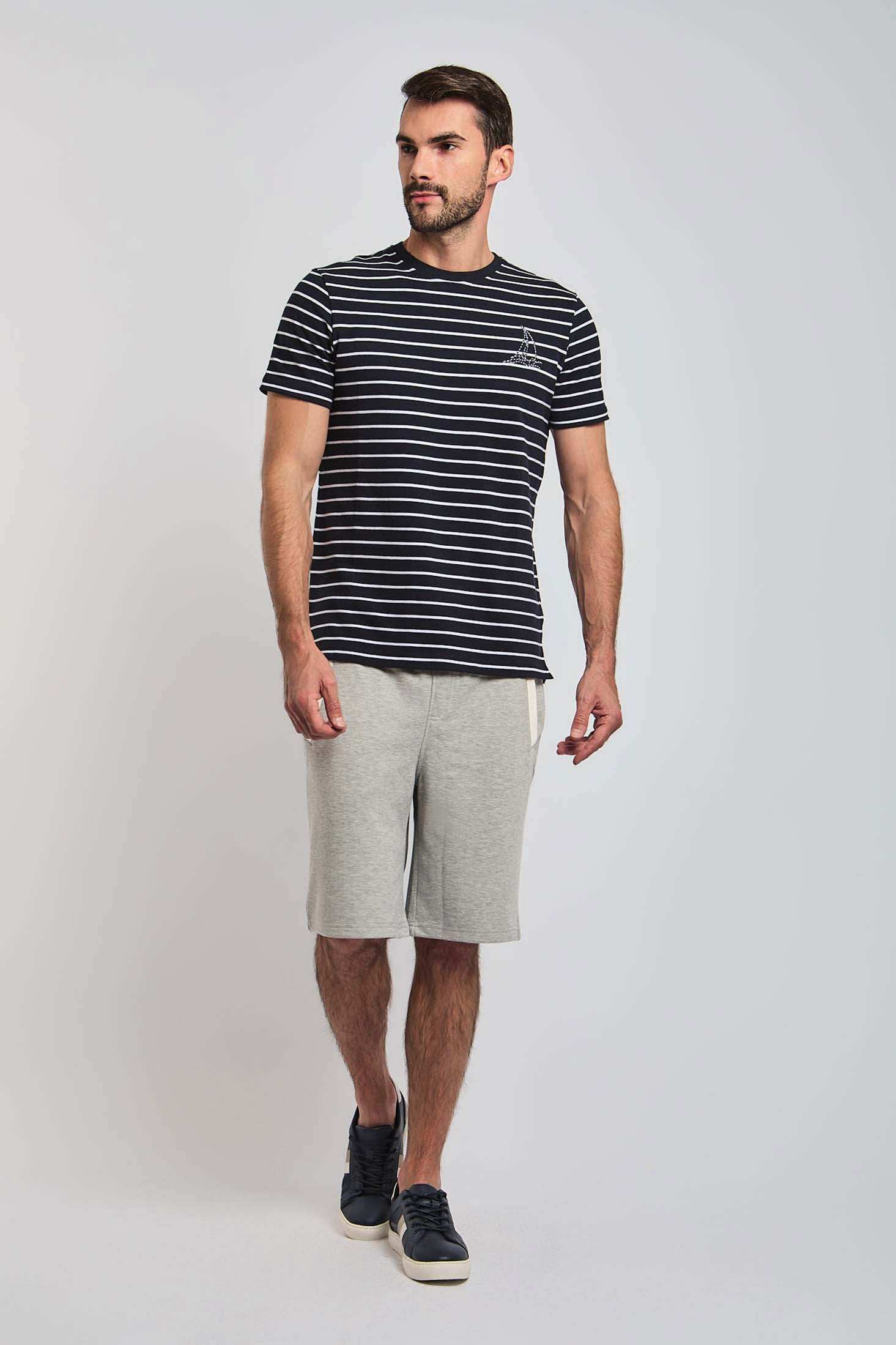 Dalydress men's striped navy t-shirt and grey shorts casual outfit