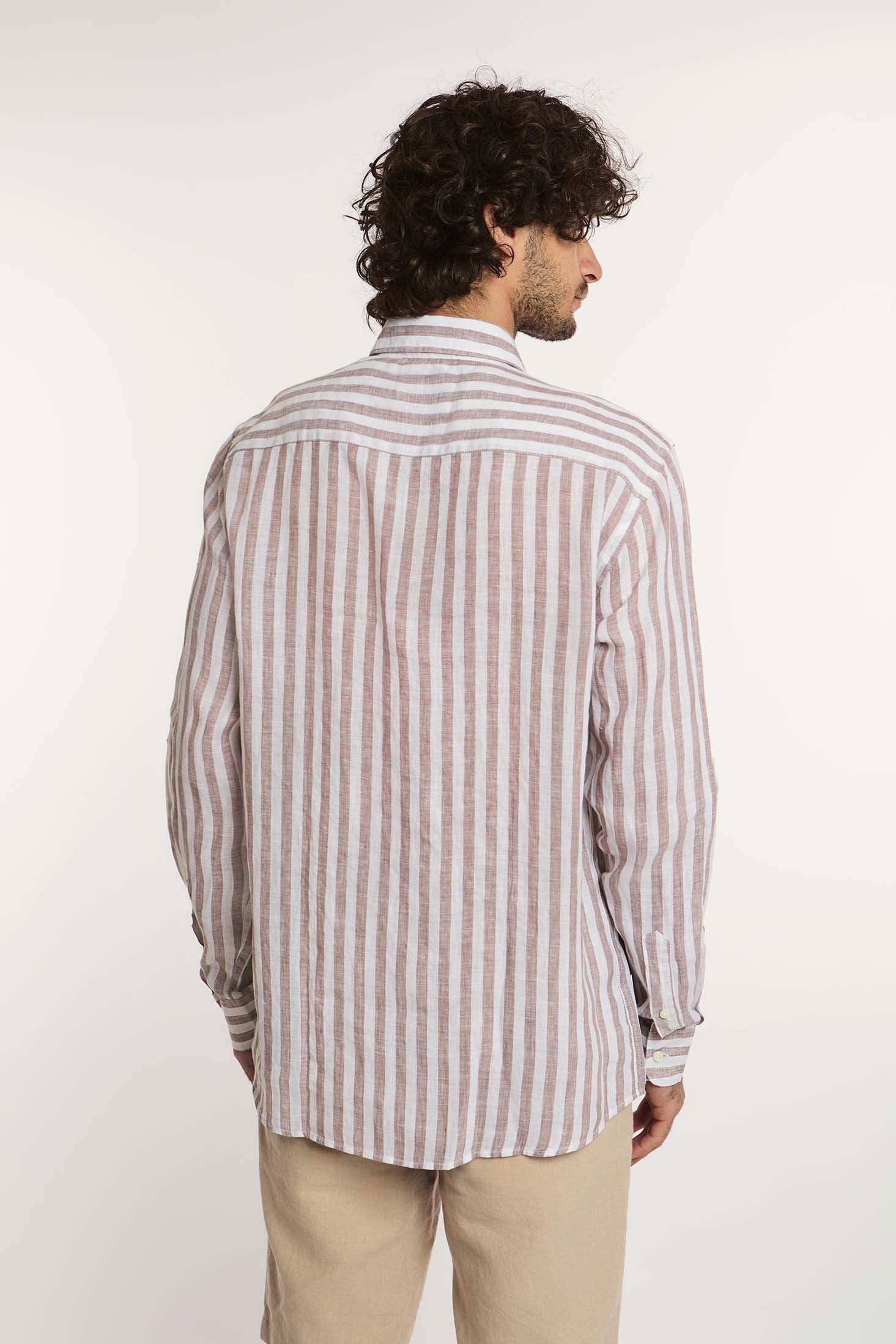 Dalydress men's striped long sleeve shirt in white and beige, back view, casual style