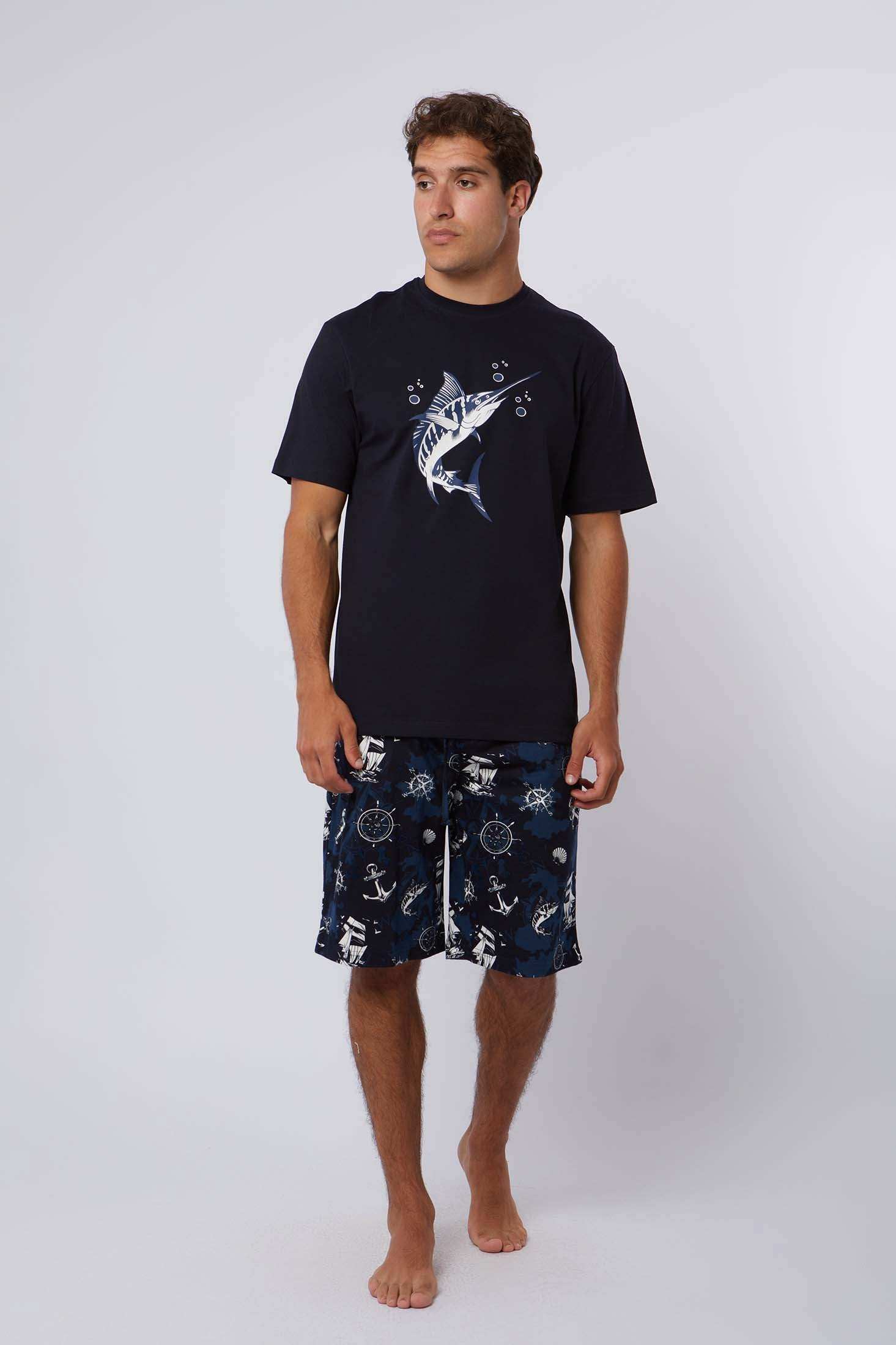 Dalydress men's navy t-shirt with fish graphic and nautical print shorts, casual summer outfit