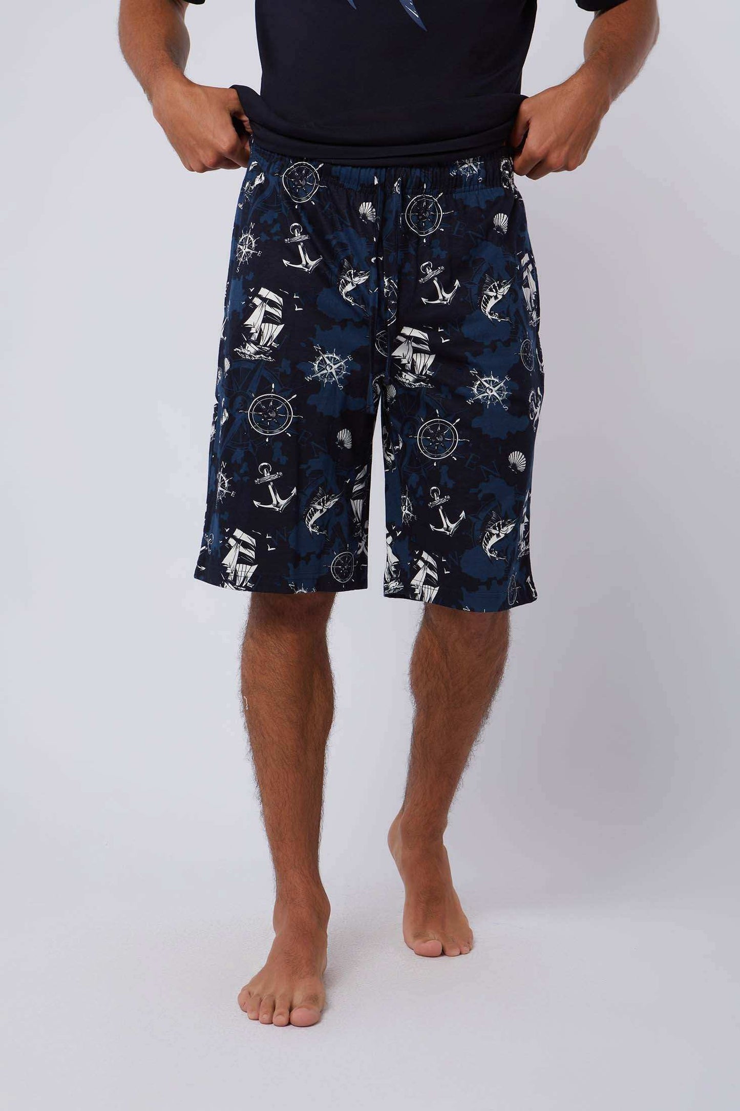 Dalydress men's navy nautical print shorts with anchor and ship designs, casual wear