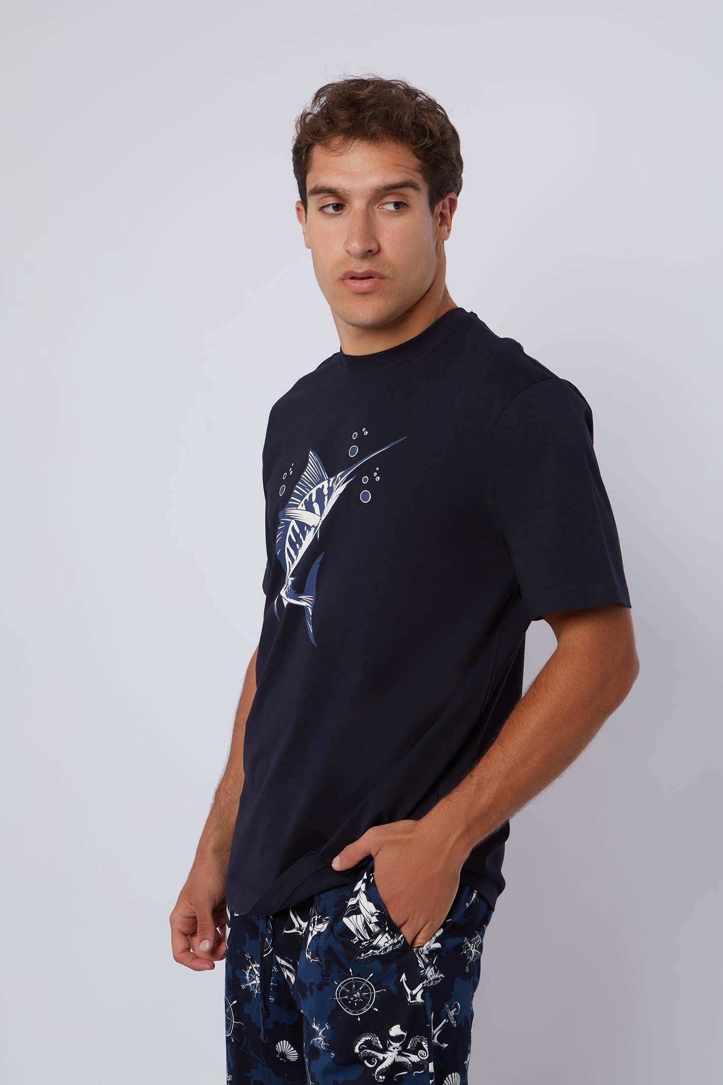 Dalydress men's casual navy t-shirt with swordfish print and patterned shorts