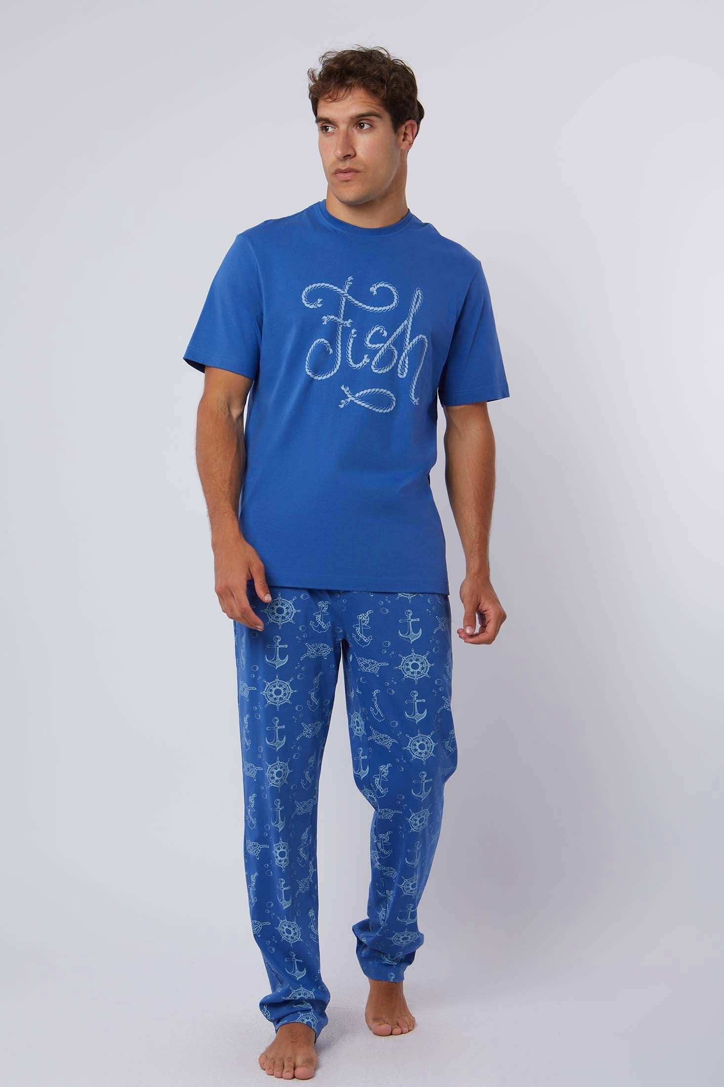Dalydress men's blue pajama set with 'Fish' graphic tee and nautical print pants