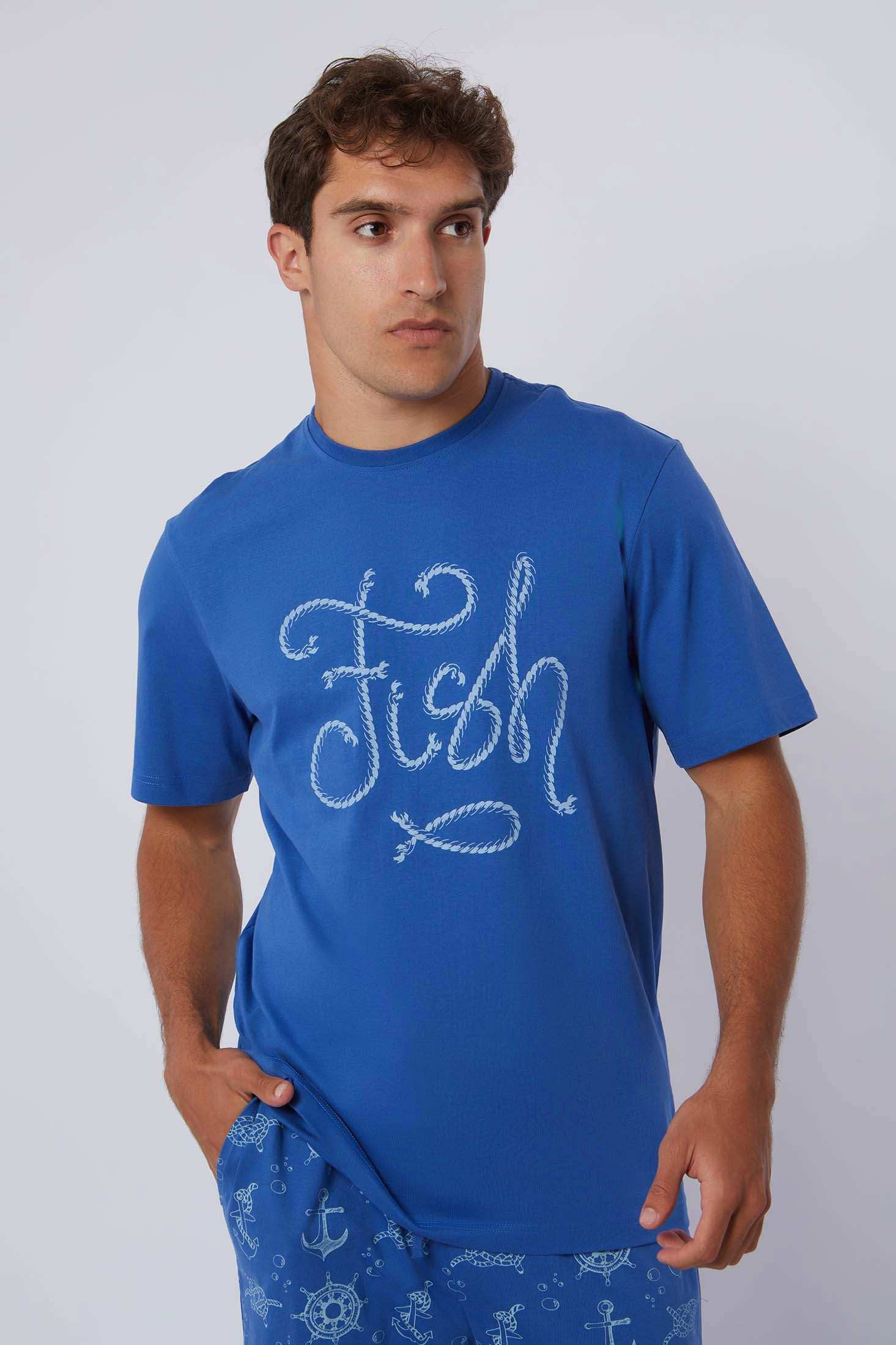 Dalydress men's blue t-shirt with 'Fish' rope print, casual summer nautical style