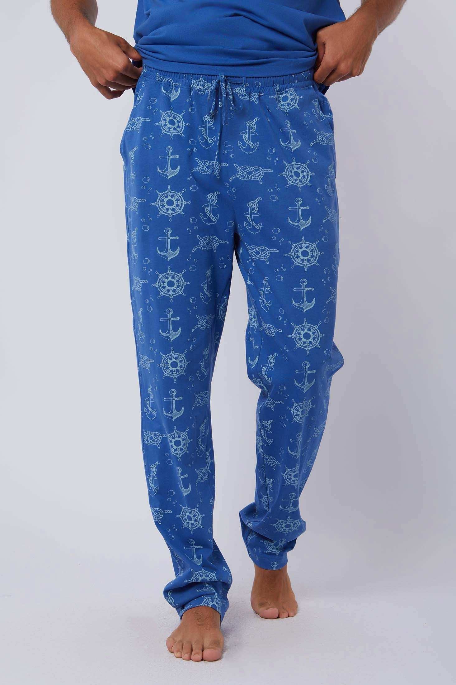 Dalydress men's blue pajama pants with nautical anchor and ship wheel pattern