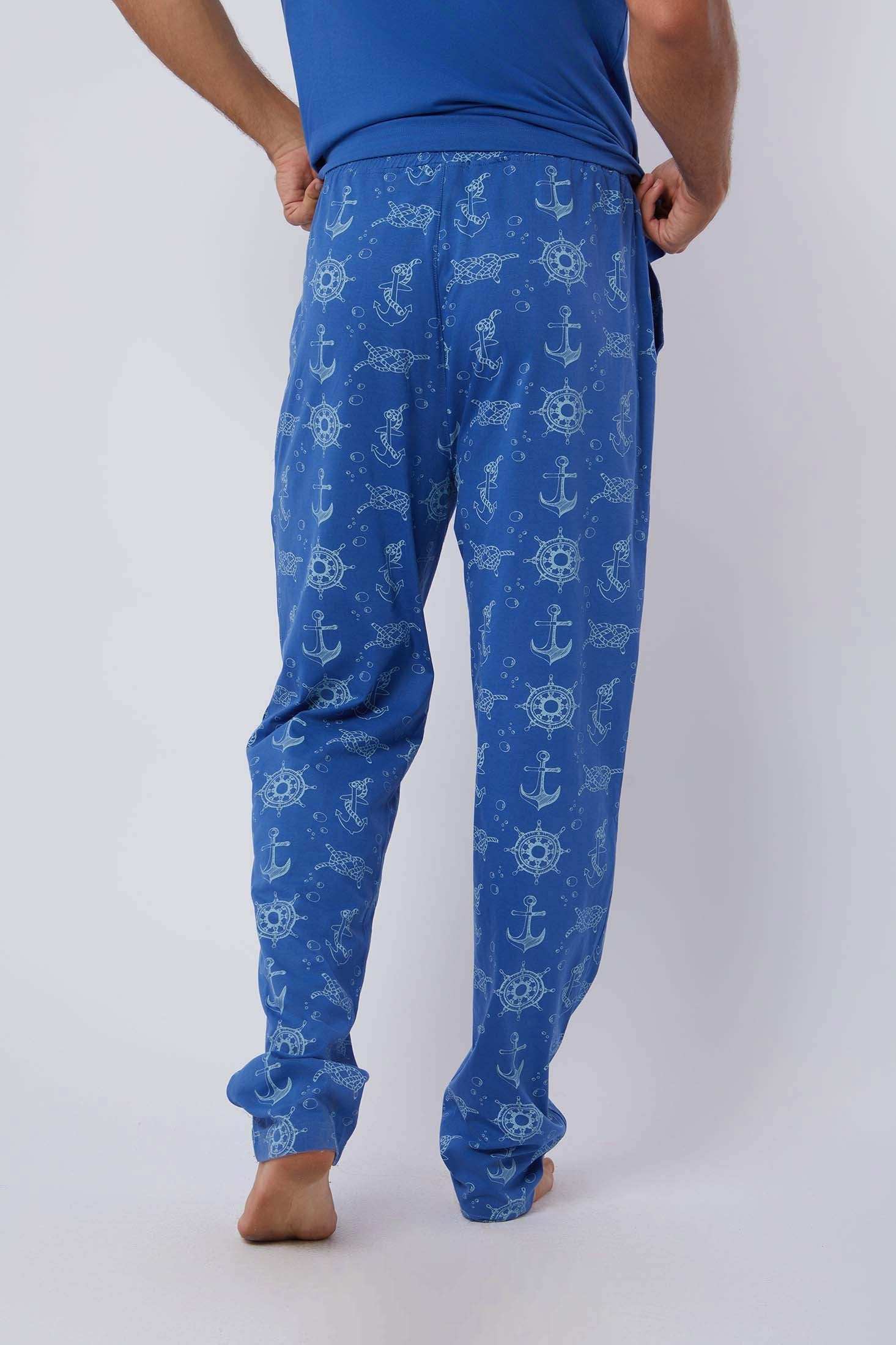 Dalydress men's blue pajama pants with nautical print, anchors and ship wheels, back view