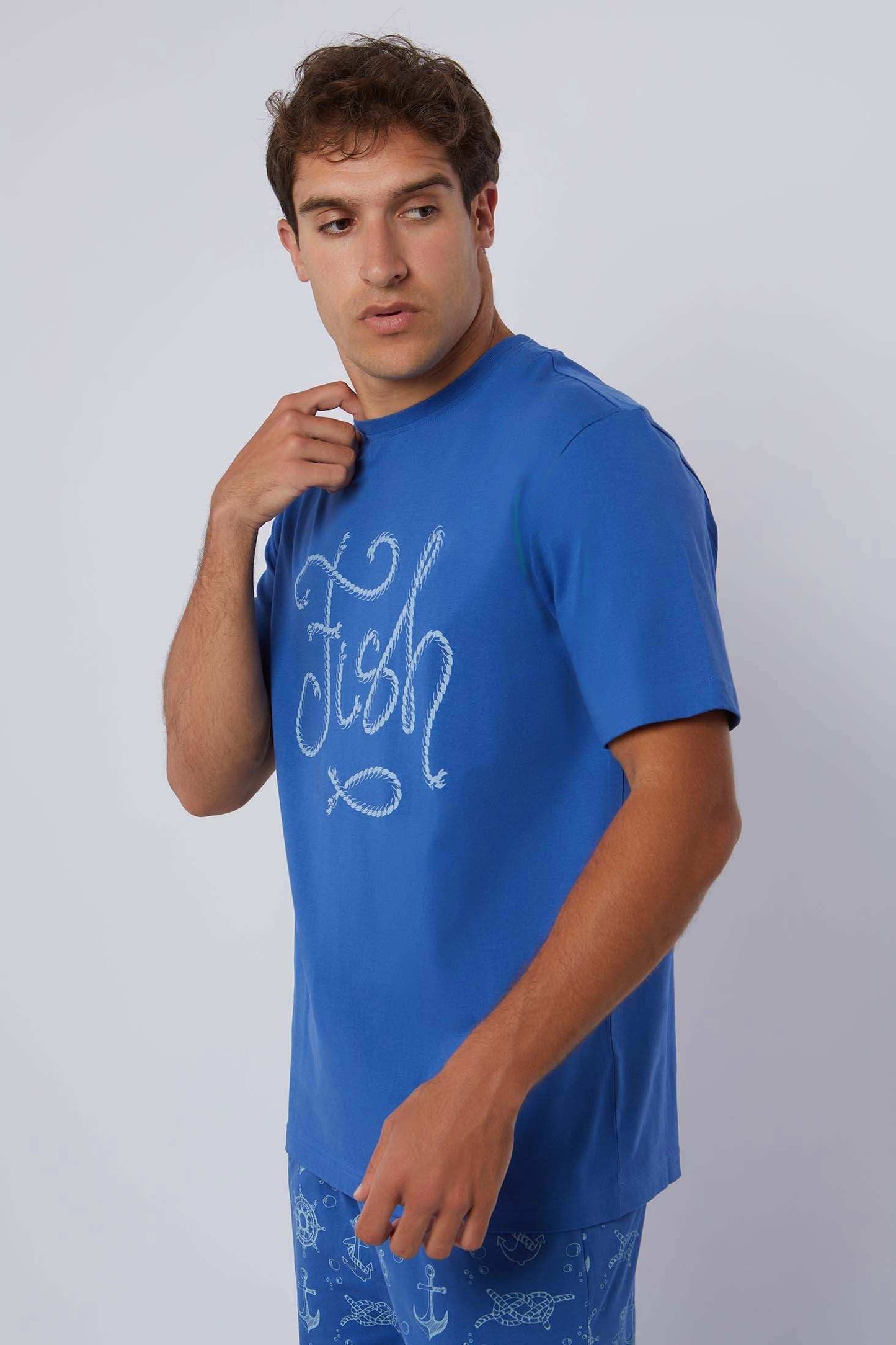 Dalydress men’s blue t-shirt with 'Fish' graphic, casual summer fashion