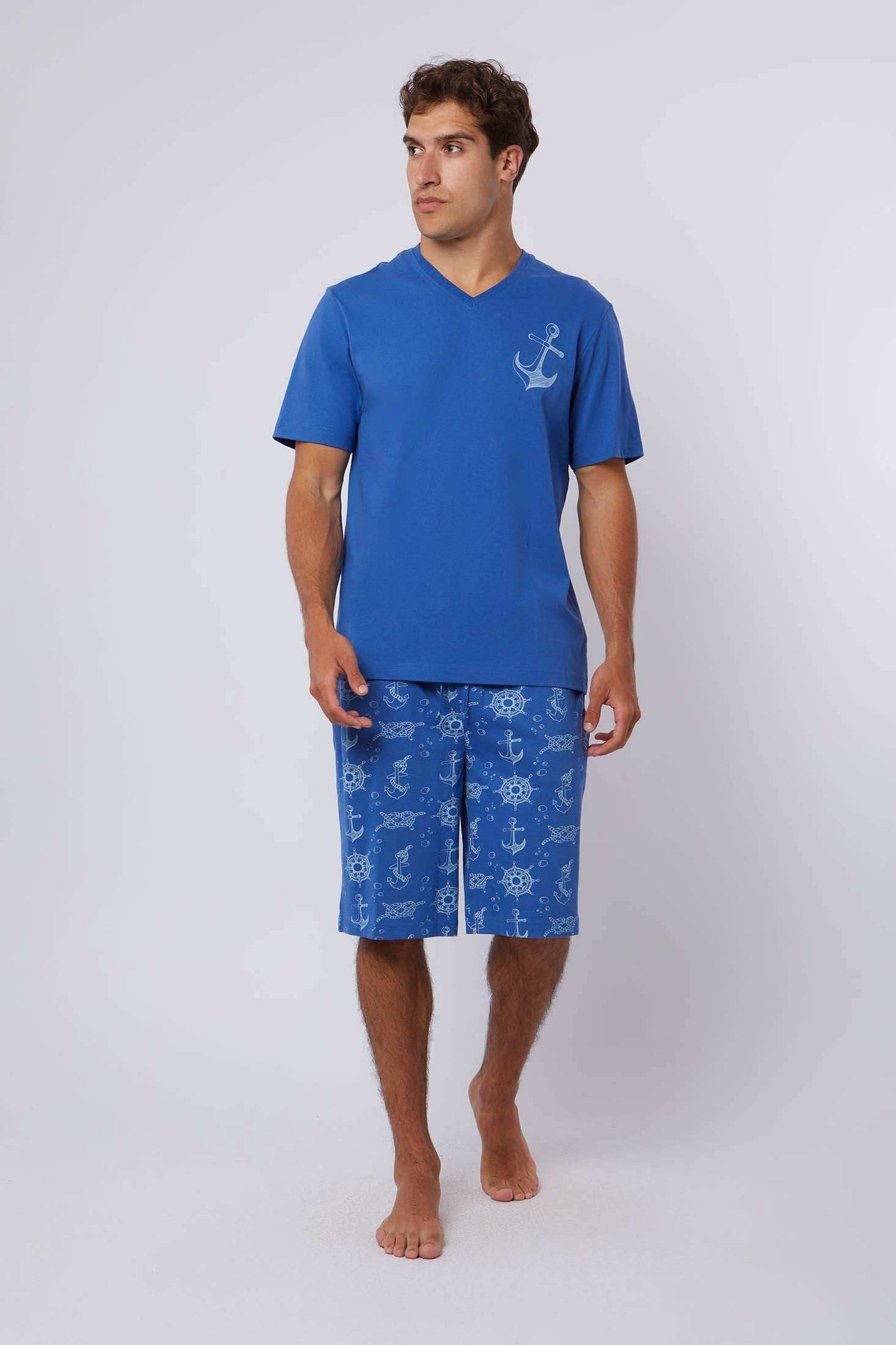 Dalydress men's blue anchor print pajama set with short sleeves and knee-length shorts