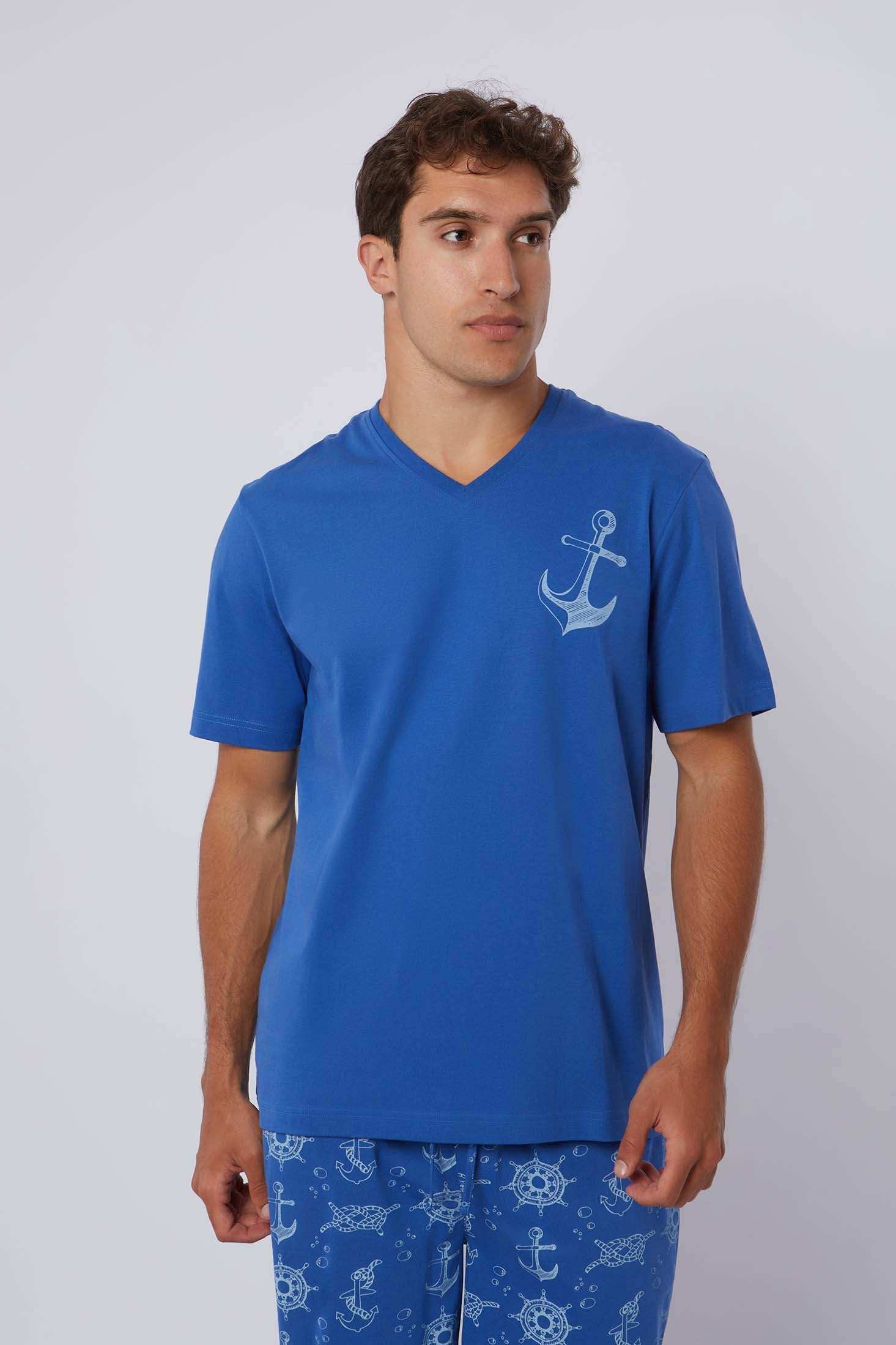 Dalydress men's blue short-sleeve anchor print pajama set, casual sleepwear.