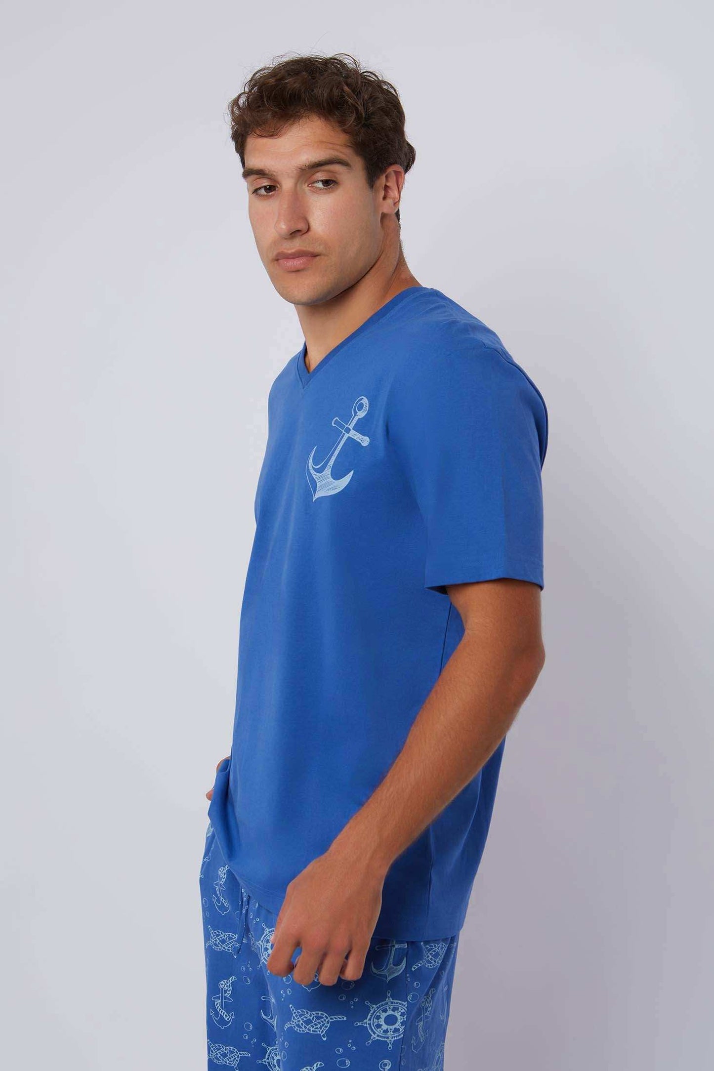 Dalydress men's blue nautical anchor print t-shirt and shorts set, side view