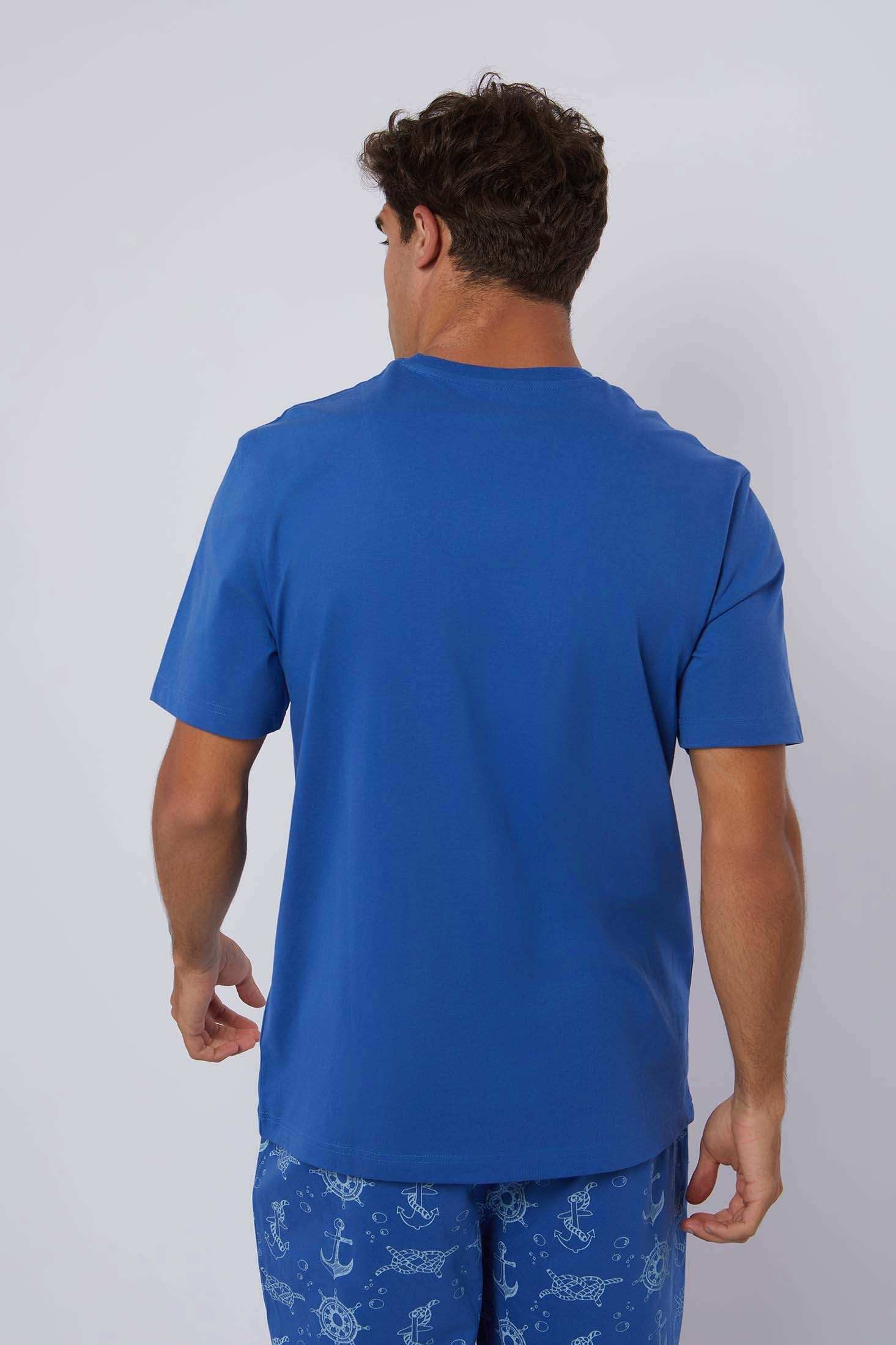 Dalydress men's blue t-shirt and nautical print shorts, model shown from the back