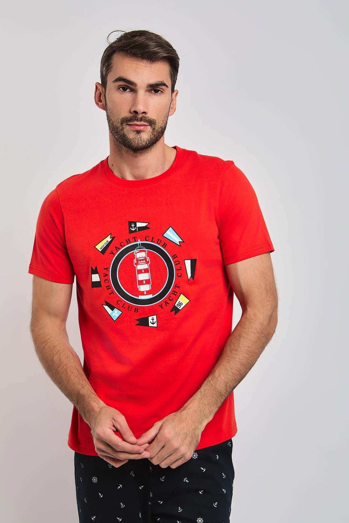 Dalydress men's red yacht club t-shirt with lighthouse graphic and nautical flags