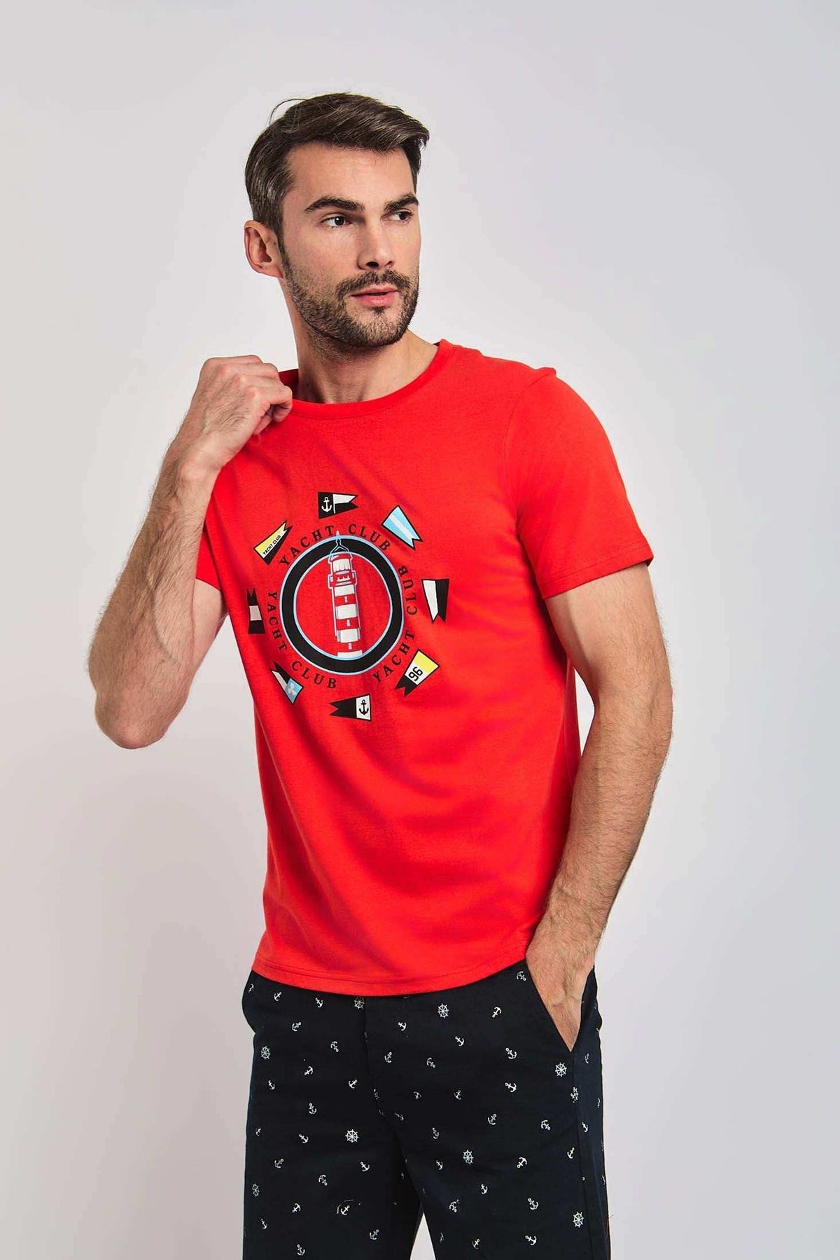 Dalydress men's red t-shirt with yacht club lighthouse print and navy anchor pants