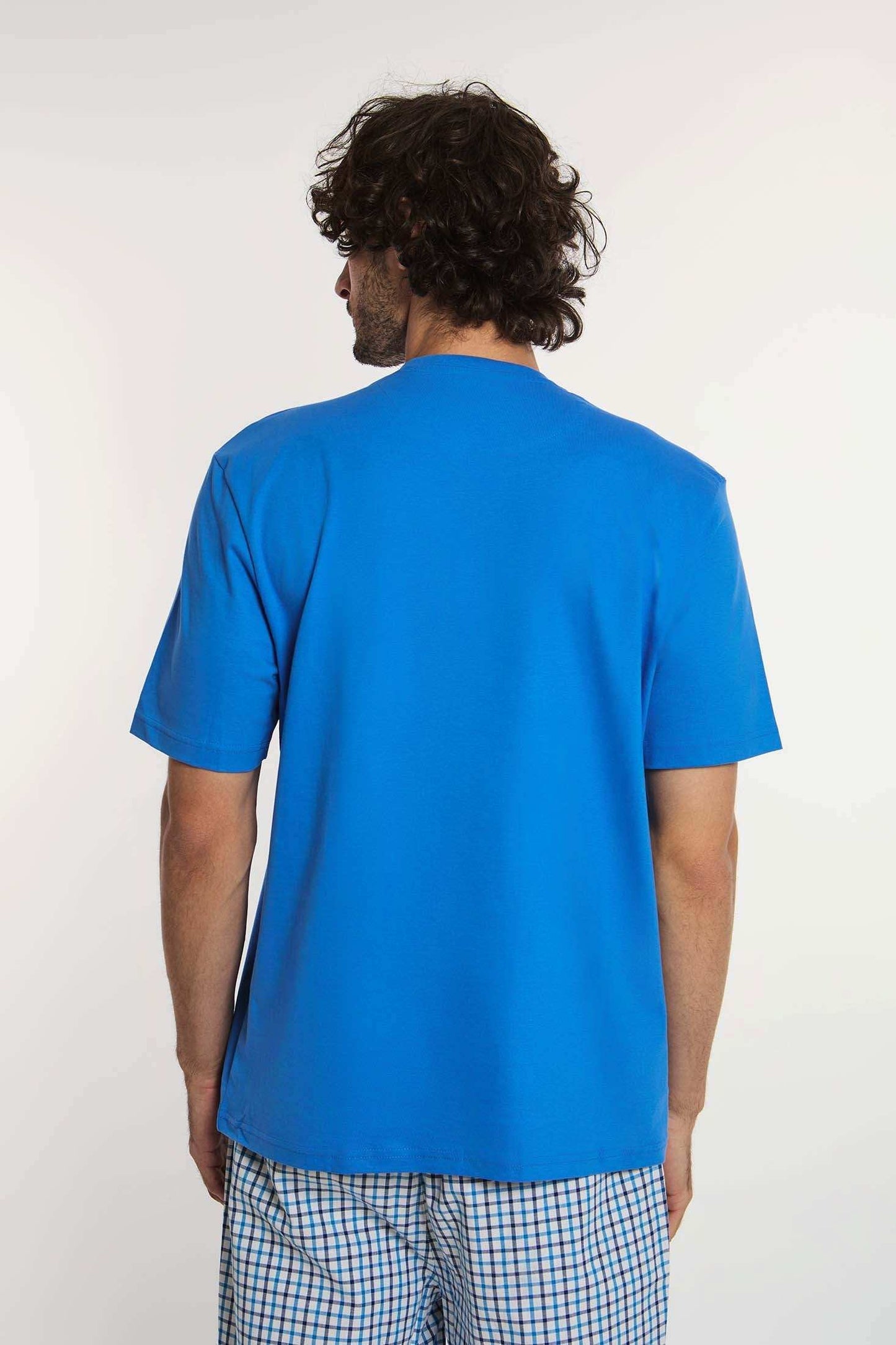 Dalydress men's casual blue t-shirt and plaid shorts, back view, studio shot