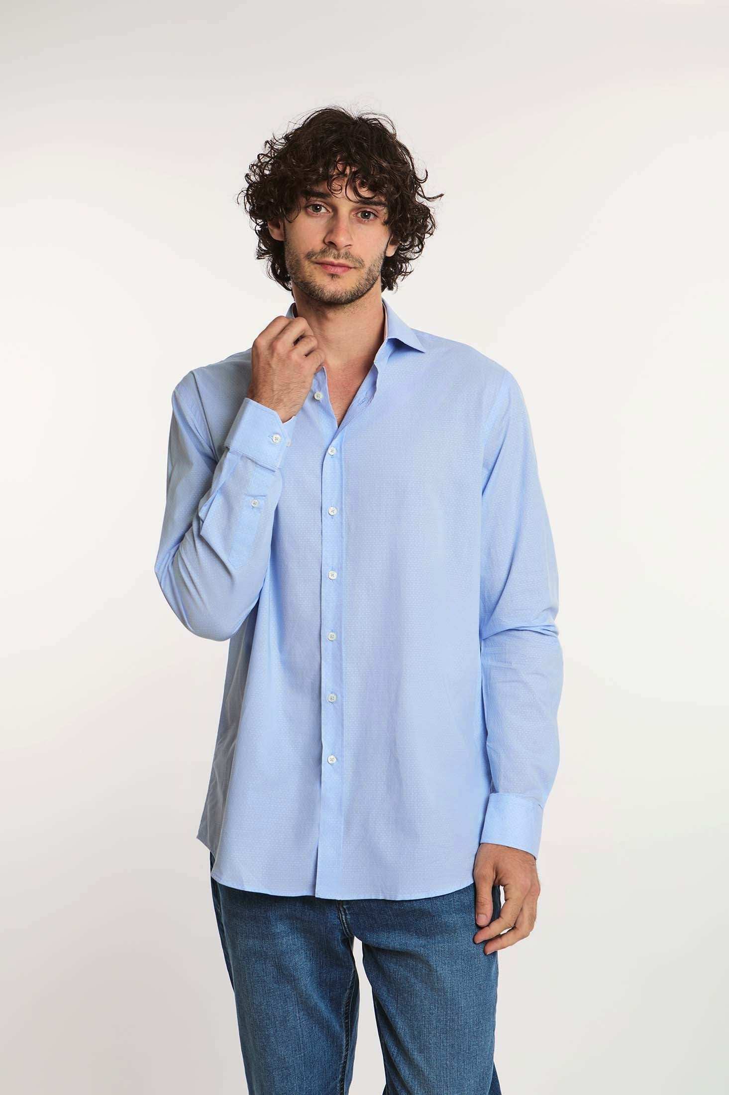 Dalydress men's light blue button-up dress shirt with long sleeves and jeans