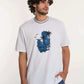 Dalydress men's white t-shirt with blue North Shore Surf Club print, model wearing casual outfit