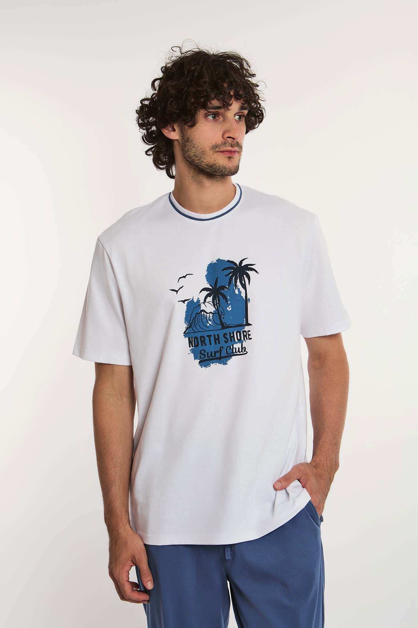 Dalydress men's white t-shirt with blue North Shore Surf Club print, model wearing casual outfit