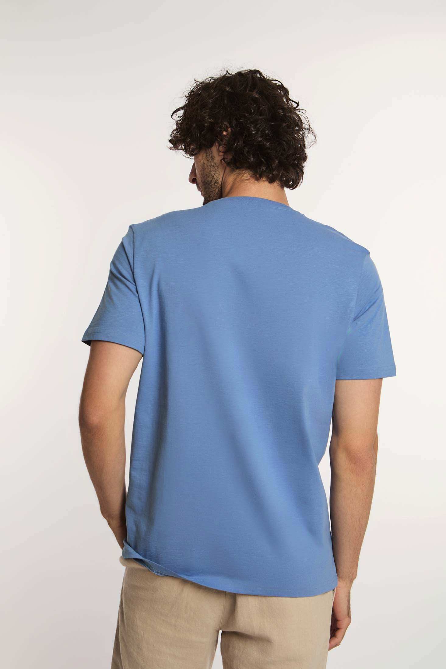 Man in a blue Dalydress t-shirt and beige pants, viewed from the back, on white background