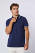 Man wearing Dalydress navy blue polo shirt with white trim, casual men&