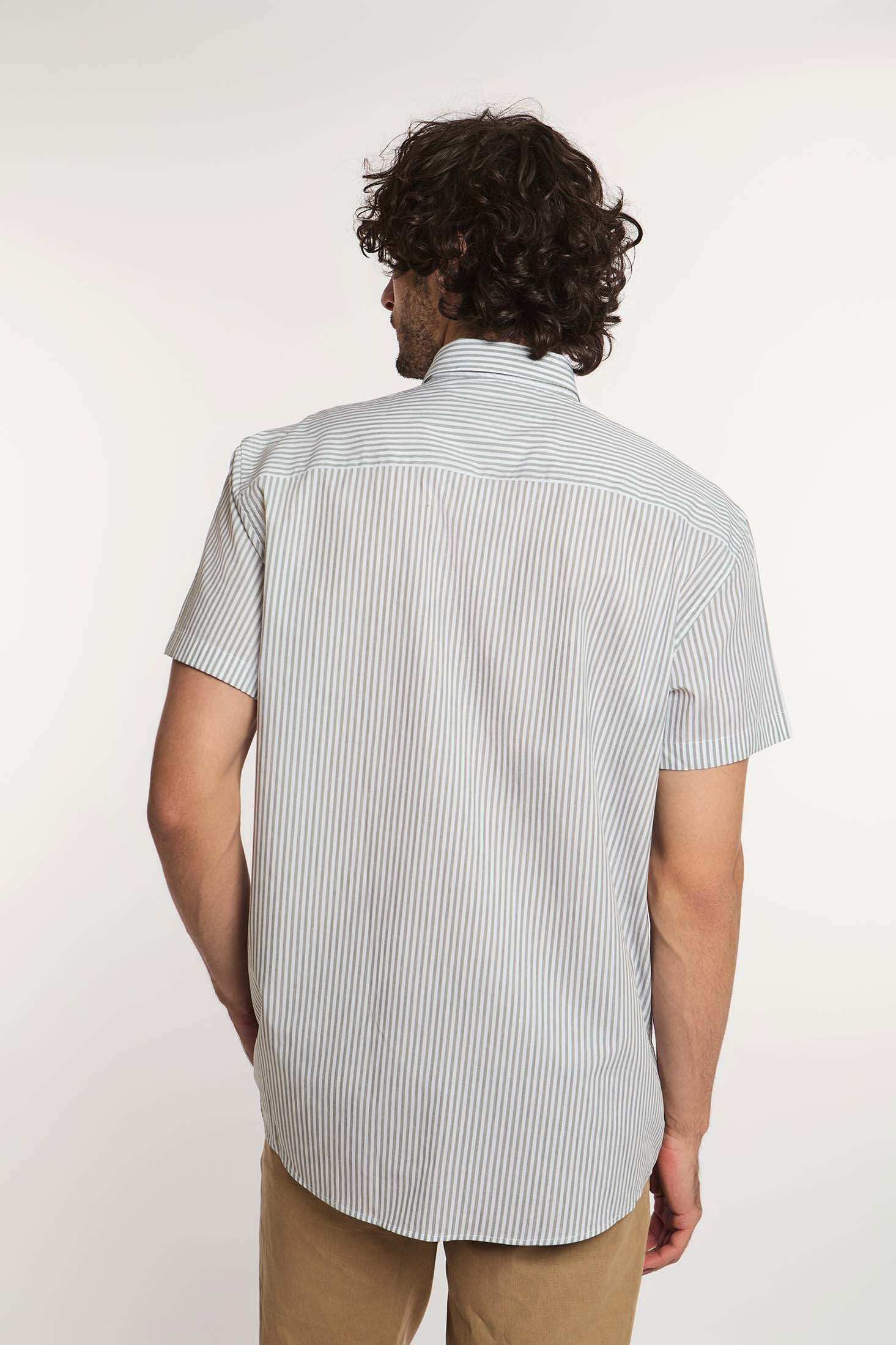 Back view of man wearing Dalydress men's short sleeve striped shirt and beige pants