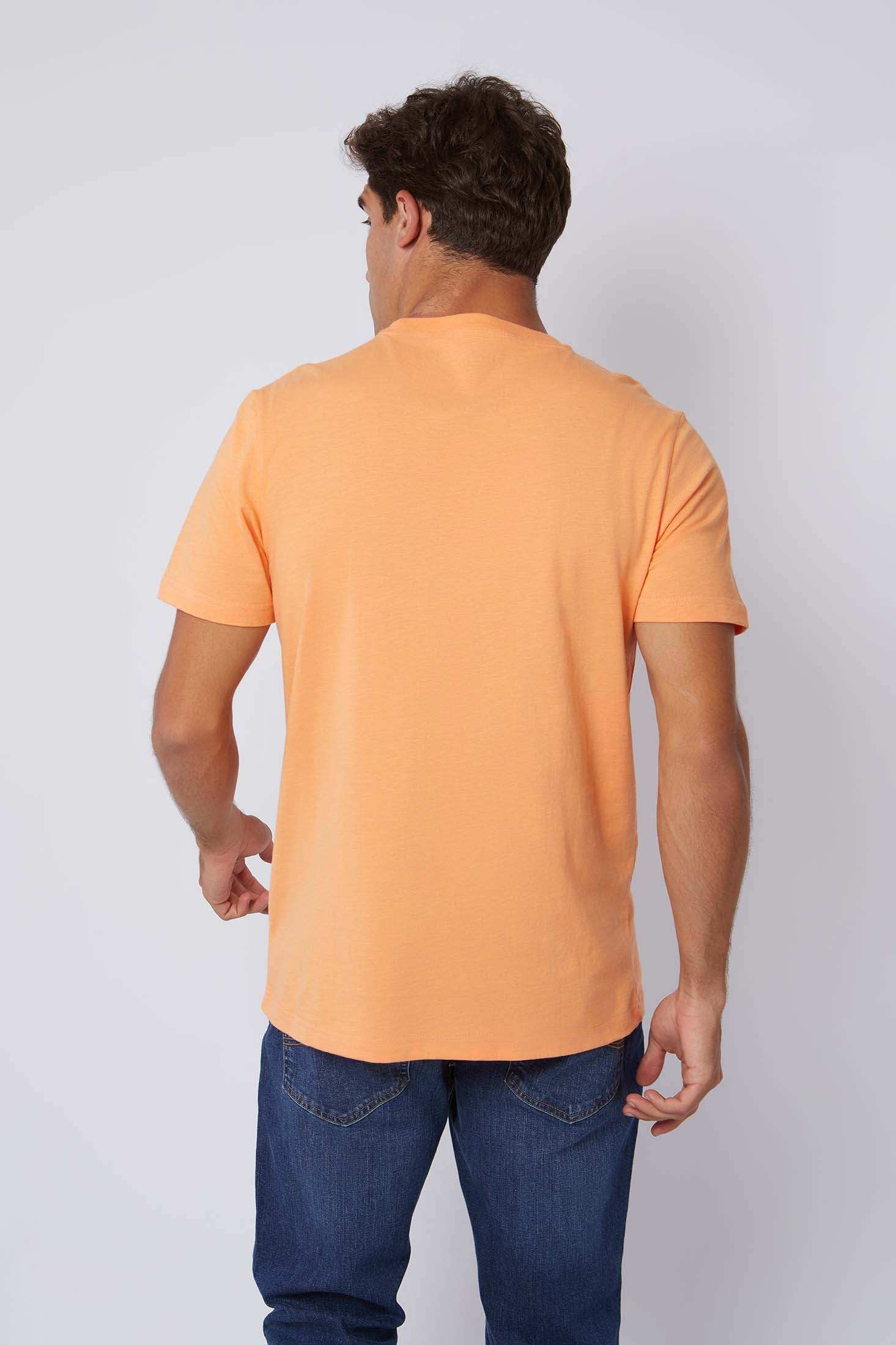 Man wearing Dalydress casual orange t-shirt and blue jeans, back view, plain background