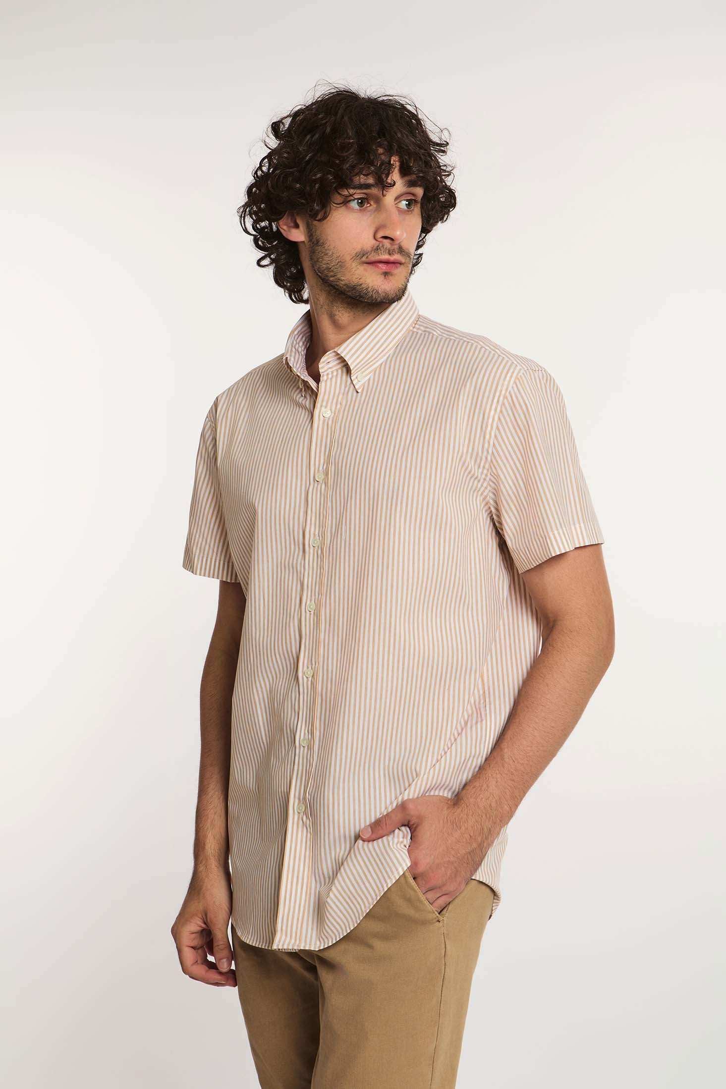 Dalydress men's short sleeve beige striped shirt with khaki pants, casual wear