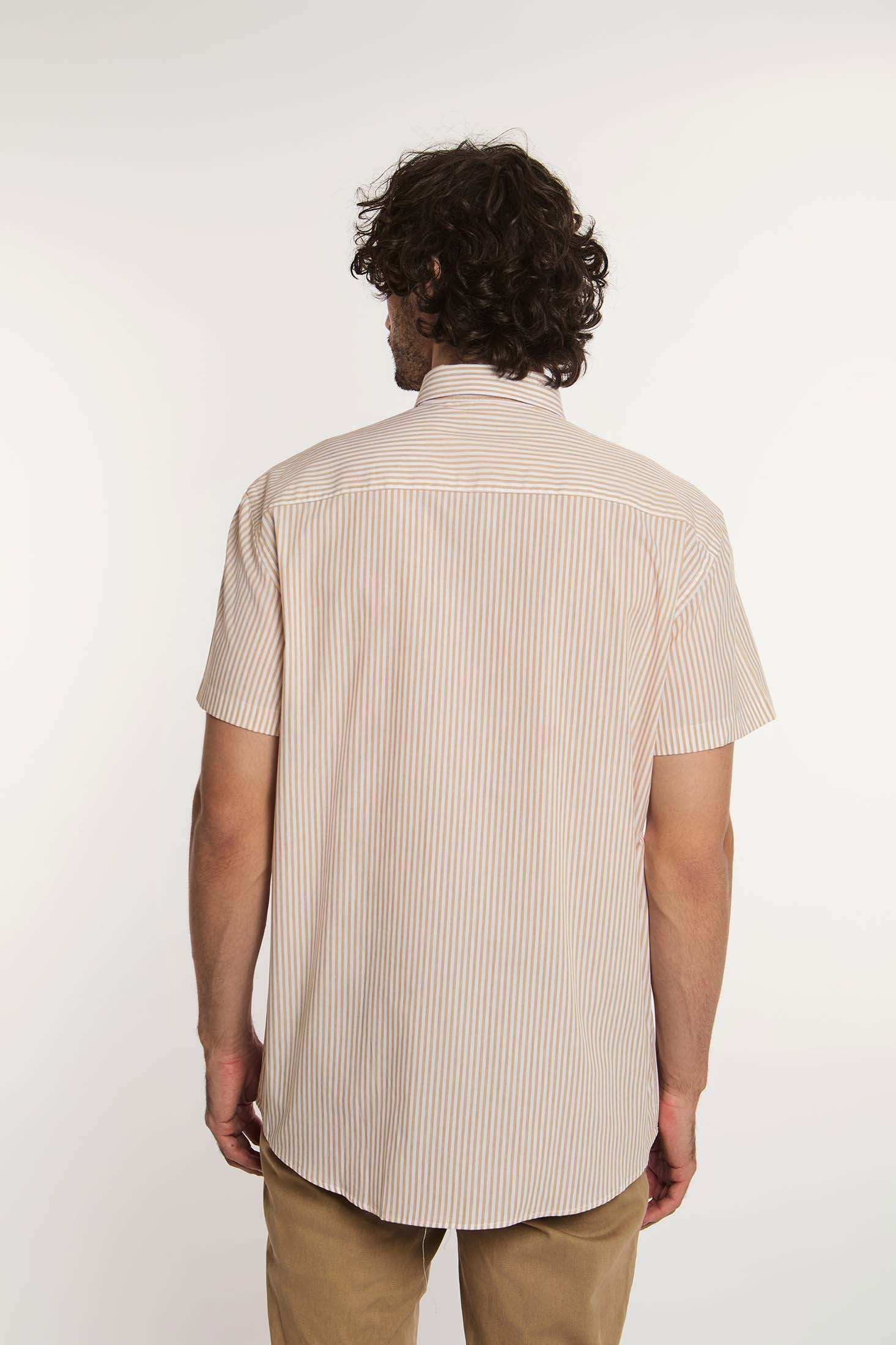 Dalydress men's short sleeve beige striped shirt back view, casual style fashion