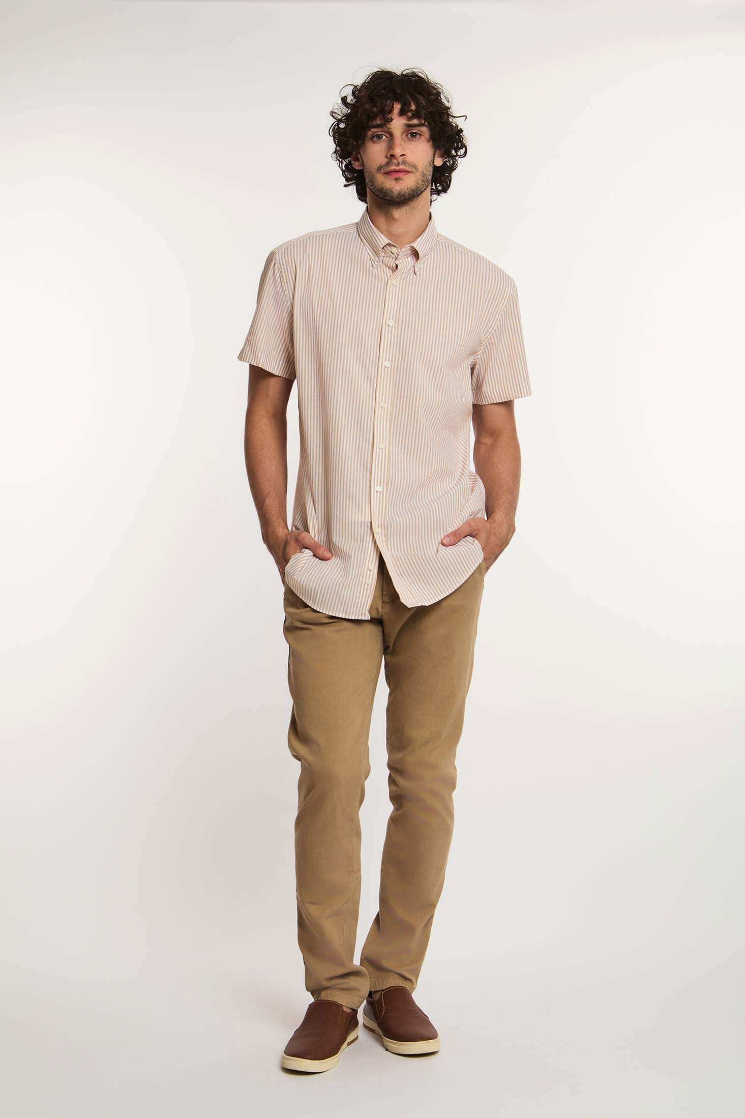 Dalydress men's short sleeve striped shirt with beige pants, casual fashion outfit
