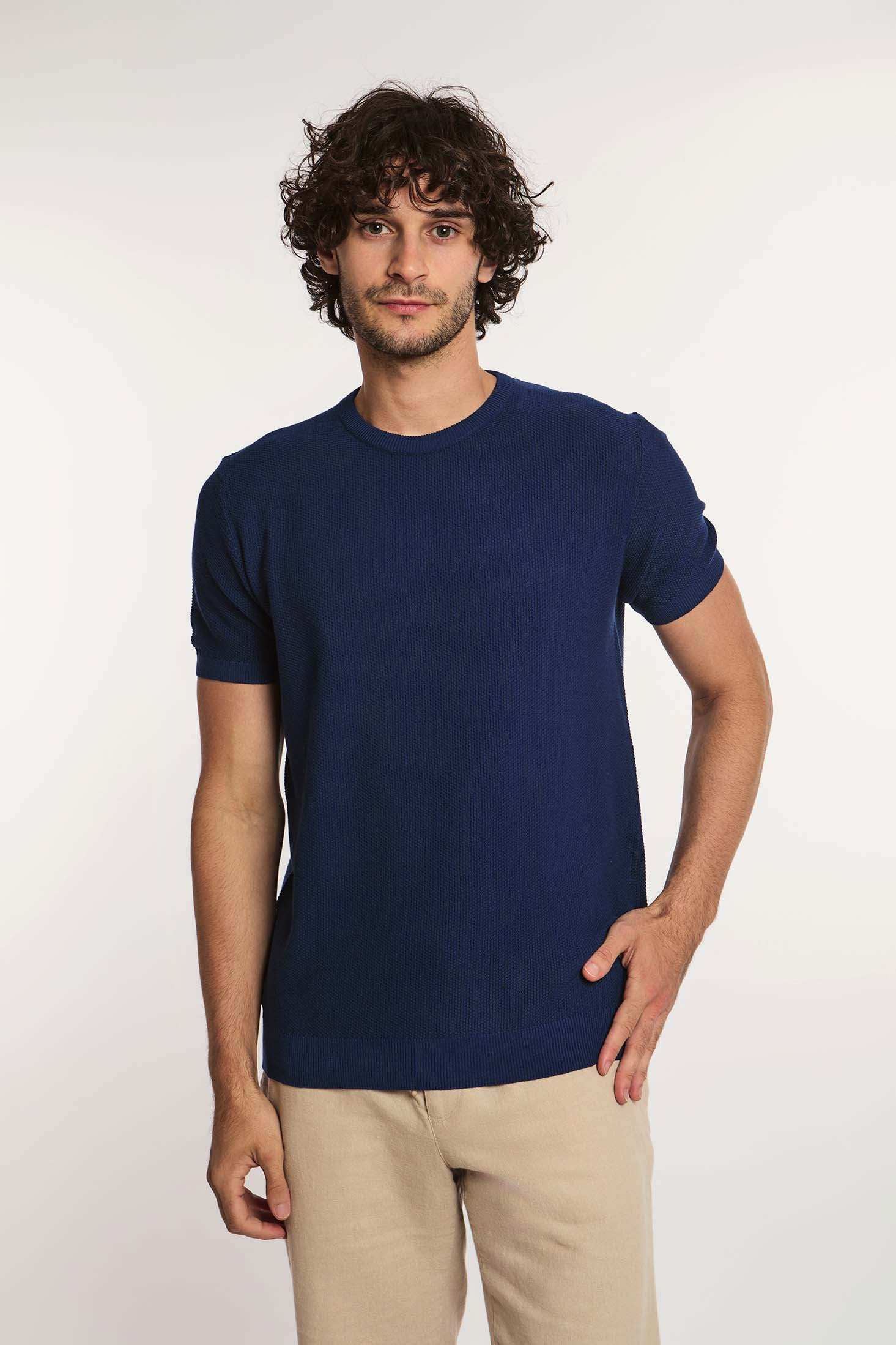 Dalydress men's navy blue short sleeve knit shirt with beige pants, casual fashion