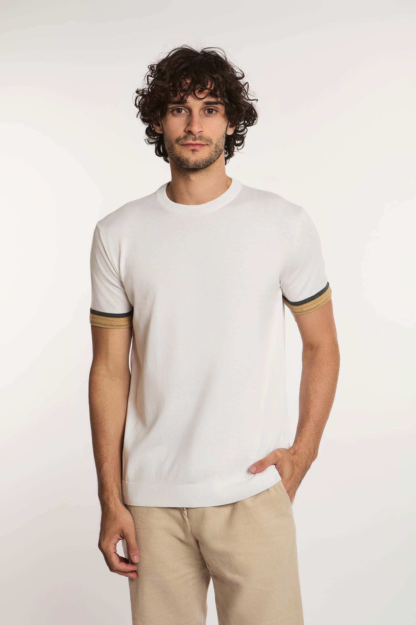 Dalydress men's casual white short sleeve t-shirt with stripe sleeve detail, beige pants