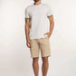 Dalydress men's casual outfit with white t-shirt, beige shorts, brown slip-on shoes