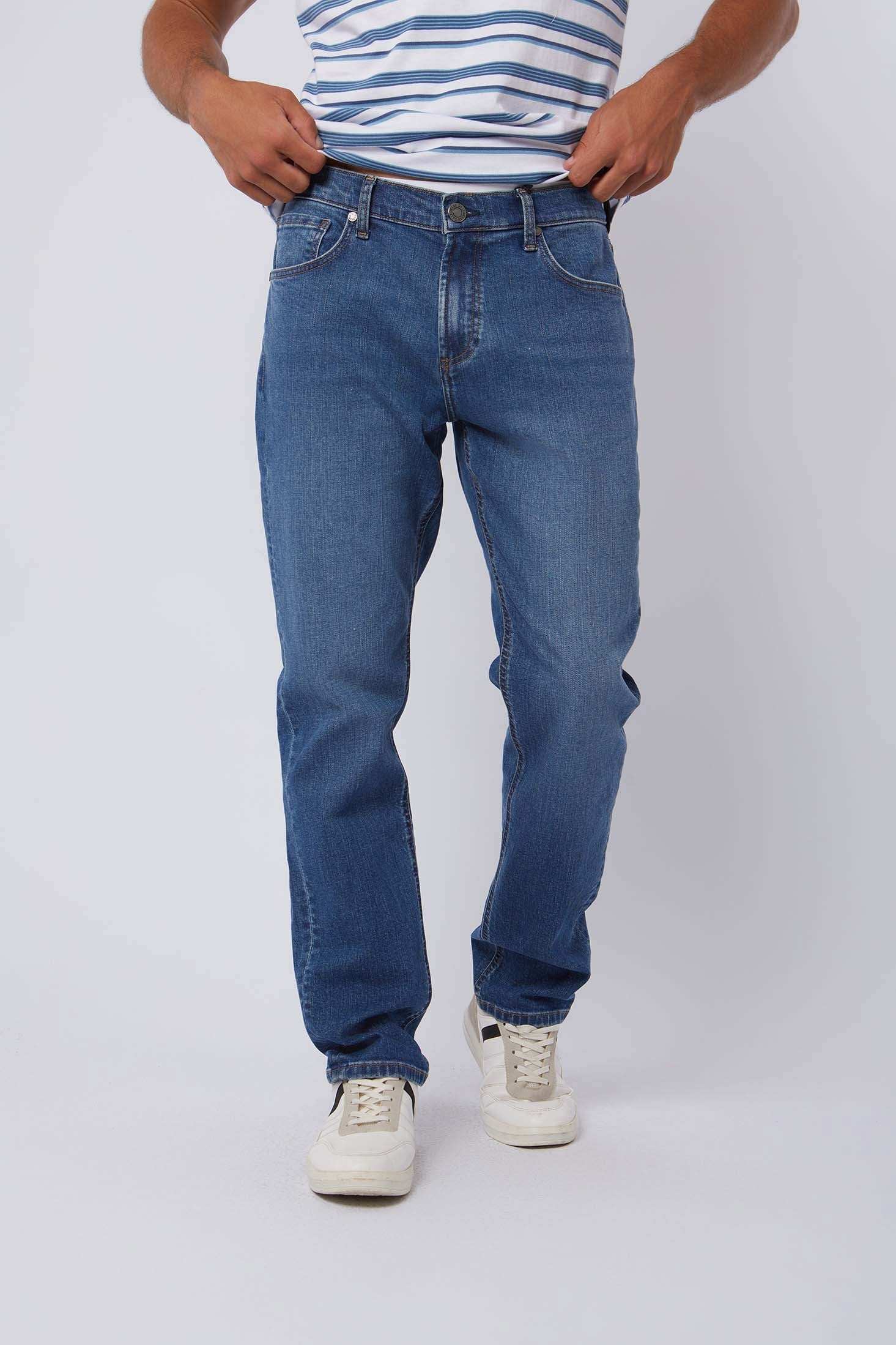 Dalydress men's straight blue jeans with classic five-pocket design, casual stripe tee