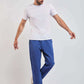 Dalydress men's white t-shirt and blue pants casual outfit, model standing, studio background