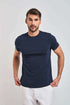 Dalydress men’s casual navy blue t-shirt with short sleeves, model wearing white pants
