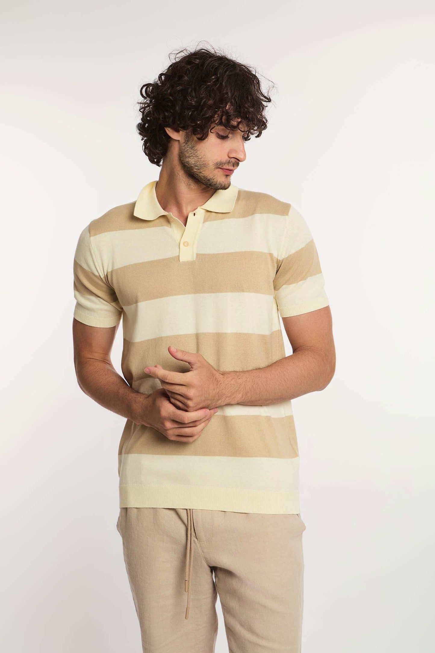 Dalydress men's beige and cream striped polo shirt with short sleeves, casual wear