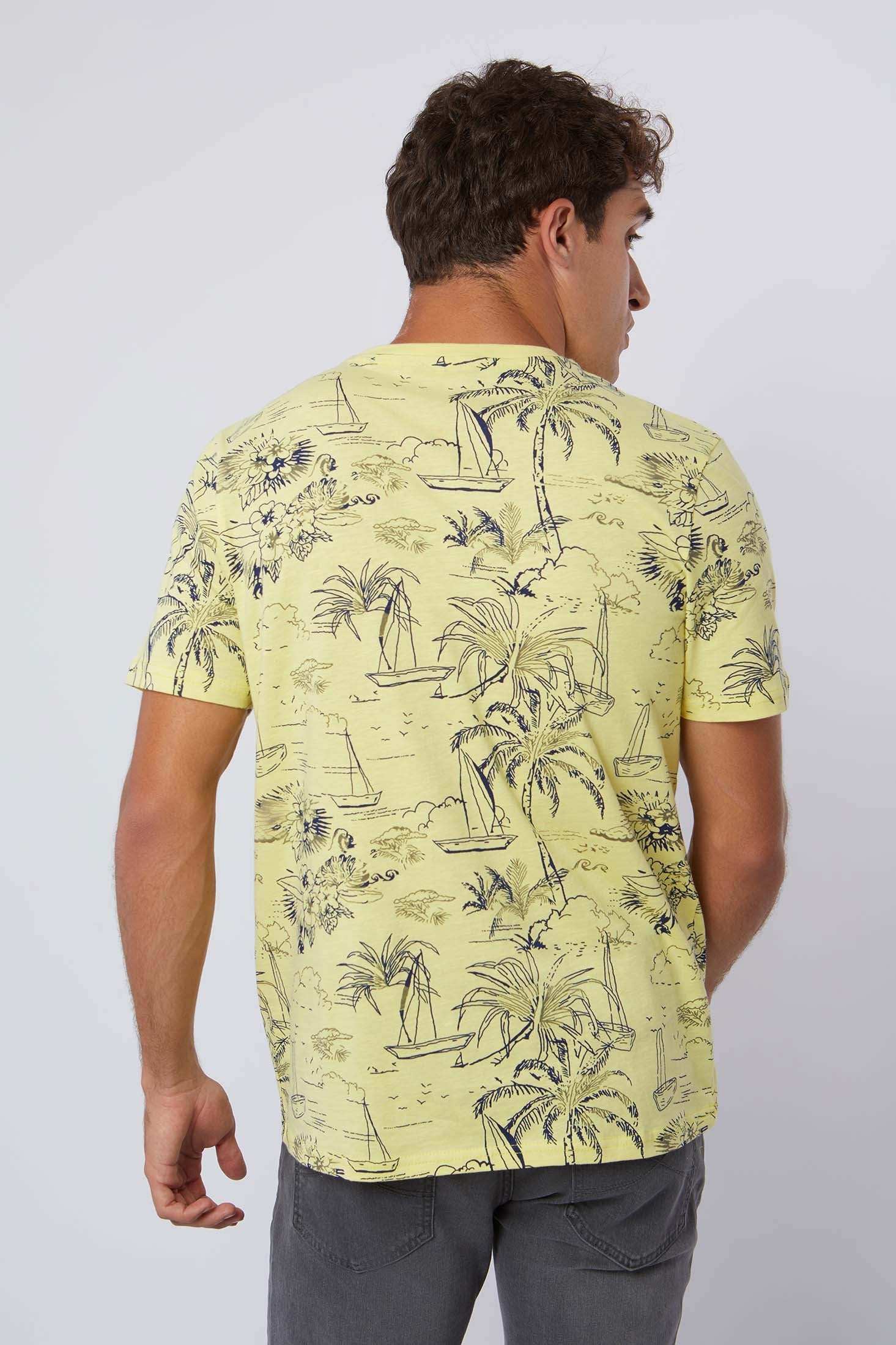 Dalydress men's yellow t-shirt with sailboat and palm tree print, back view
