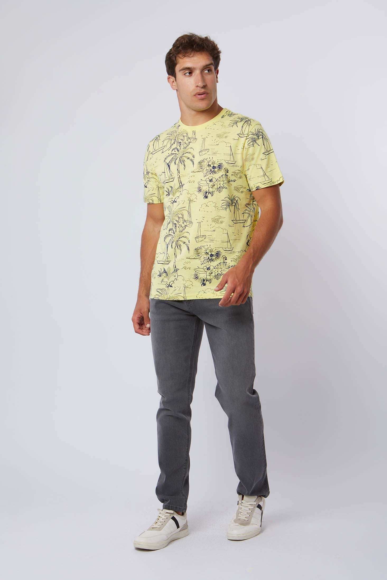Dalydress men's yellow palm print t-shirt with grey jeans casual style